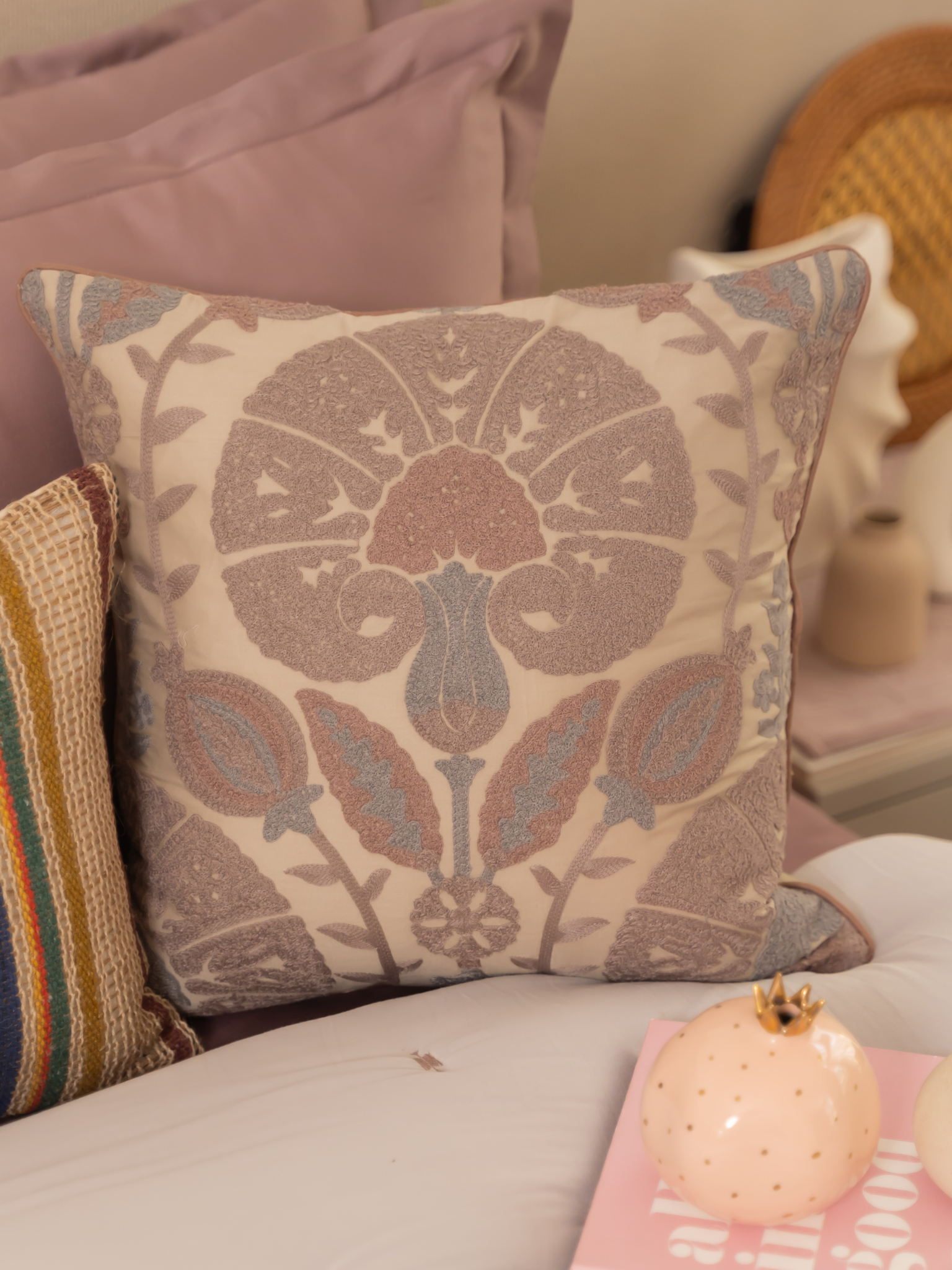 Bonica Beige Cotton Embroidered Cushion Cover 16" X 16"