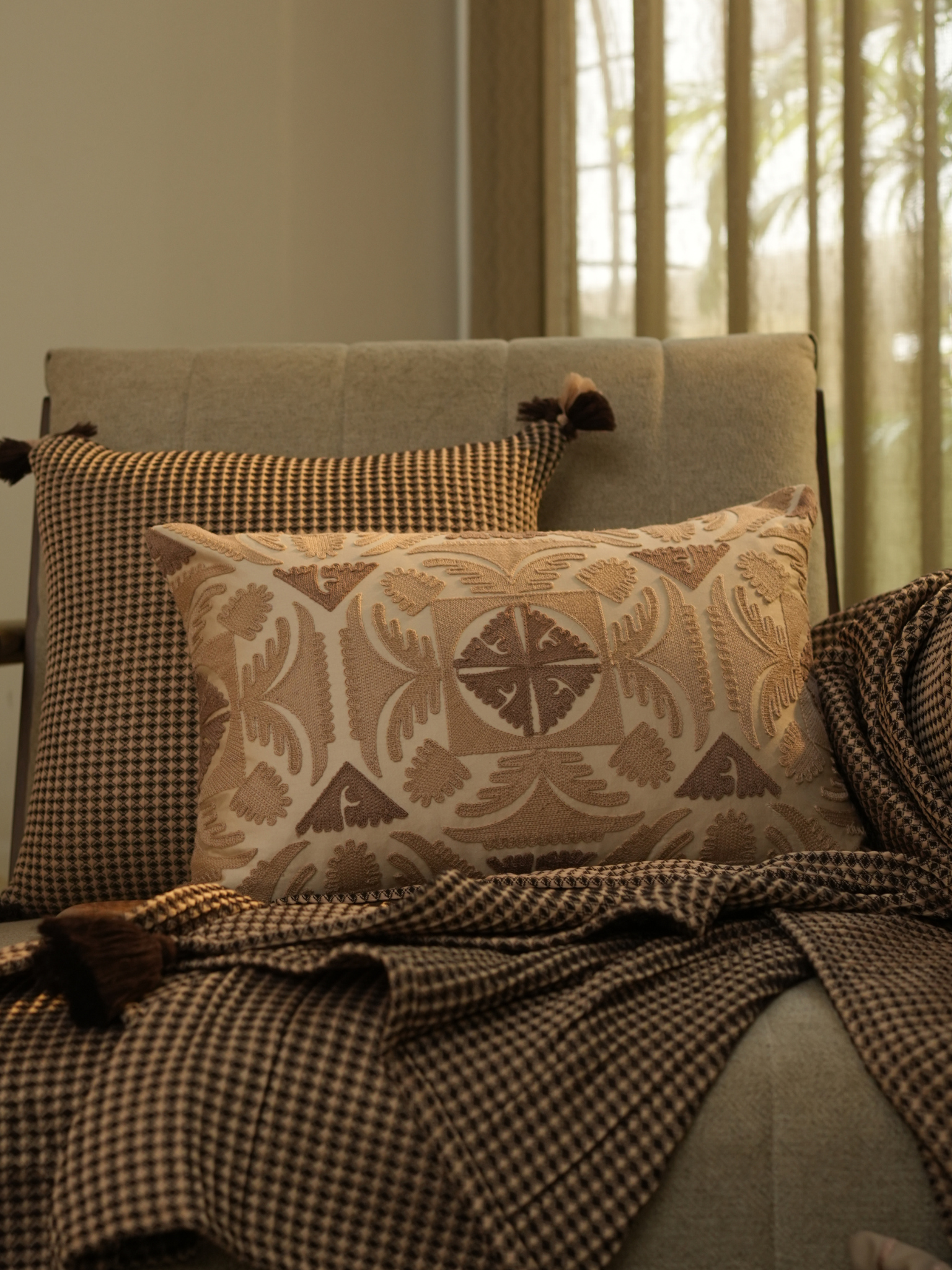 Dune Oats Beige Cotton Embroidered Cushion Cover 12" X 18"