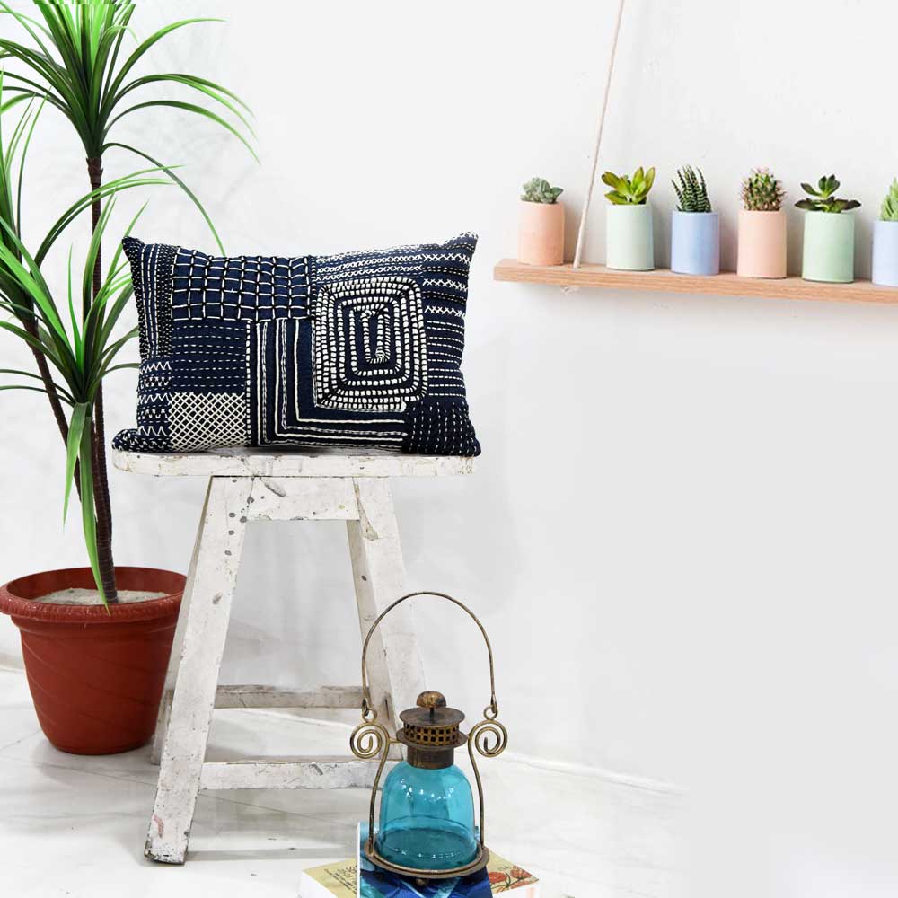 Nevada Denim Decorative Cushion Case Hand Embroidered Cushion Cover with Zipper 12" X 18"…
