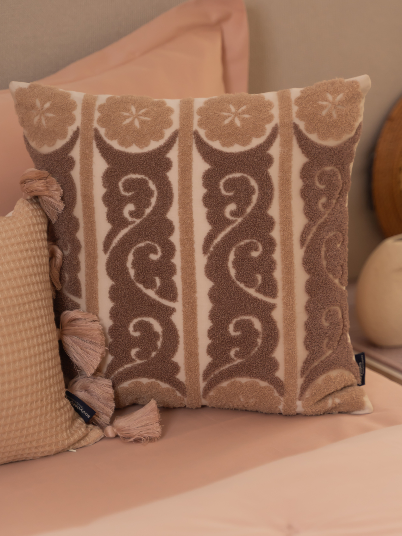 Fantasia Oats Beige Cotton Embroidered Cushion Cover 16" X 16"