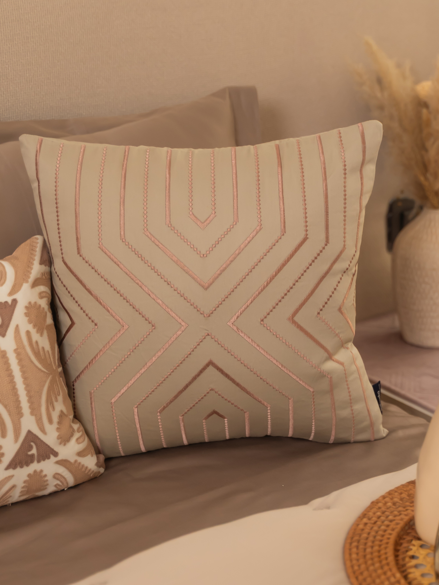 Nessel Beige Cotton Embroidered Cushion Cover 16" X 16"