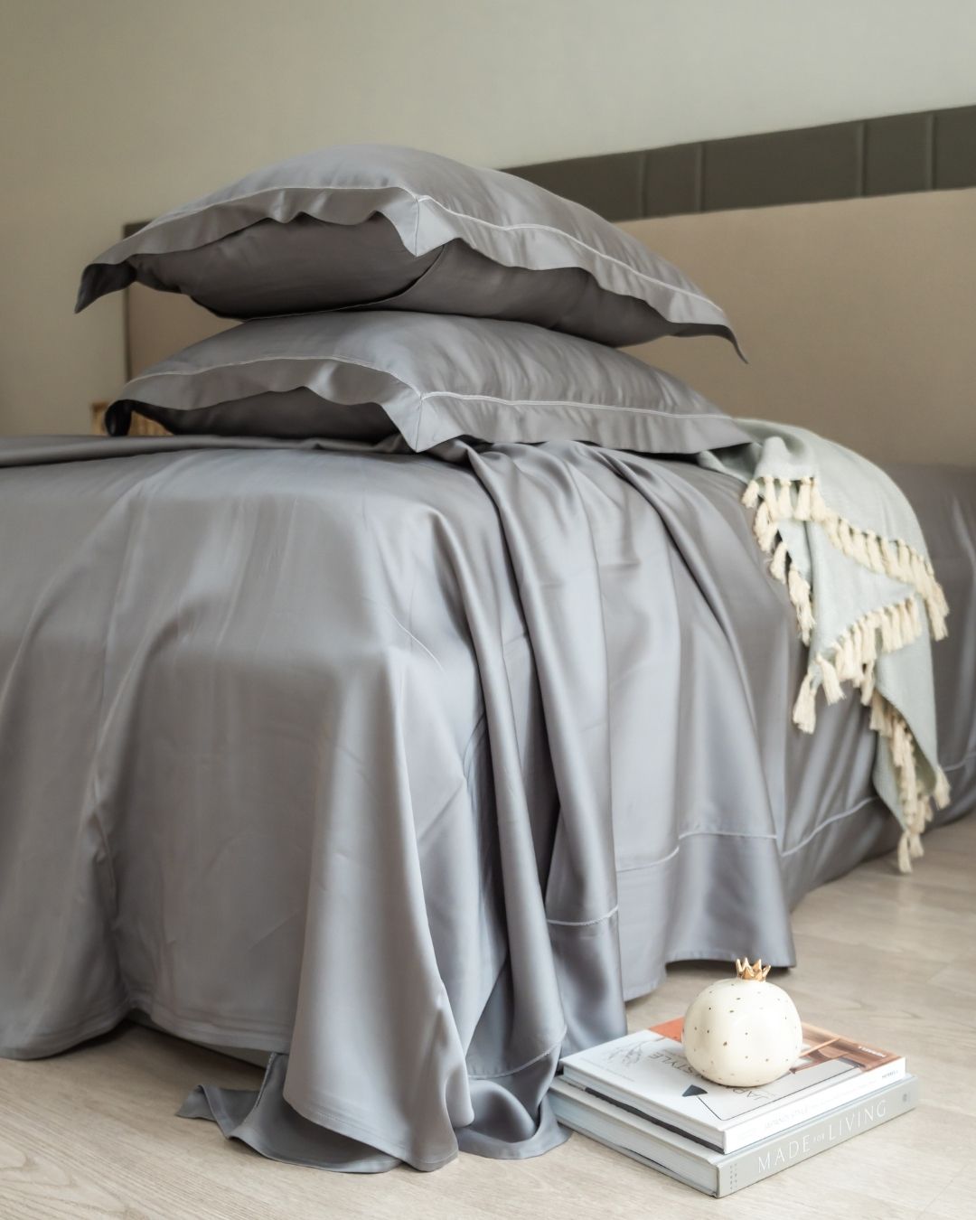 Stone Tencel Bedsheet Set with Lace