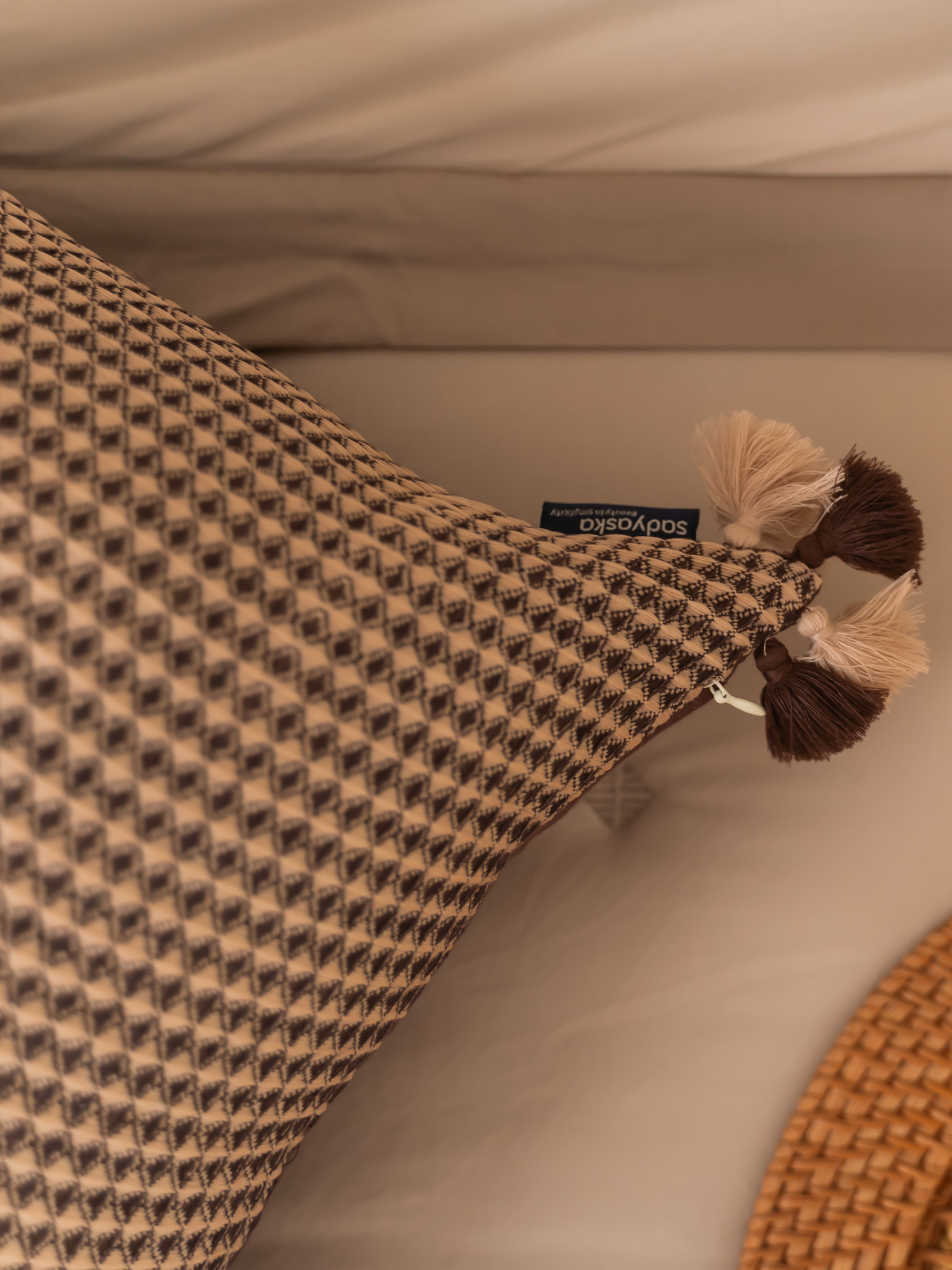 Noir Coffee Textured Woven Cushion Cover with Tassels 16" X 16"