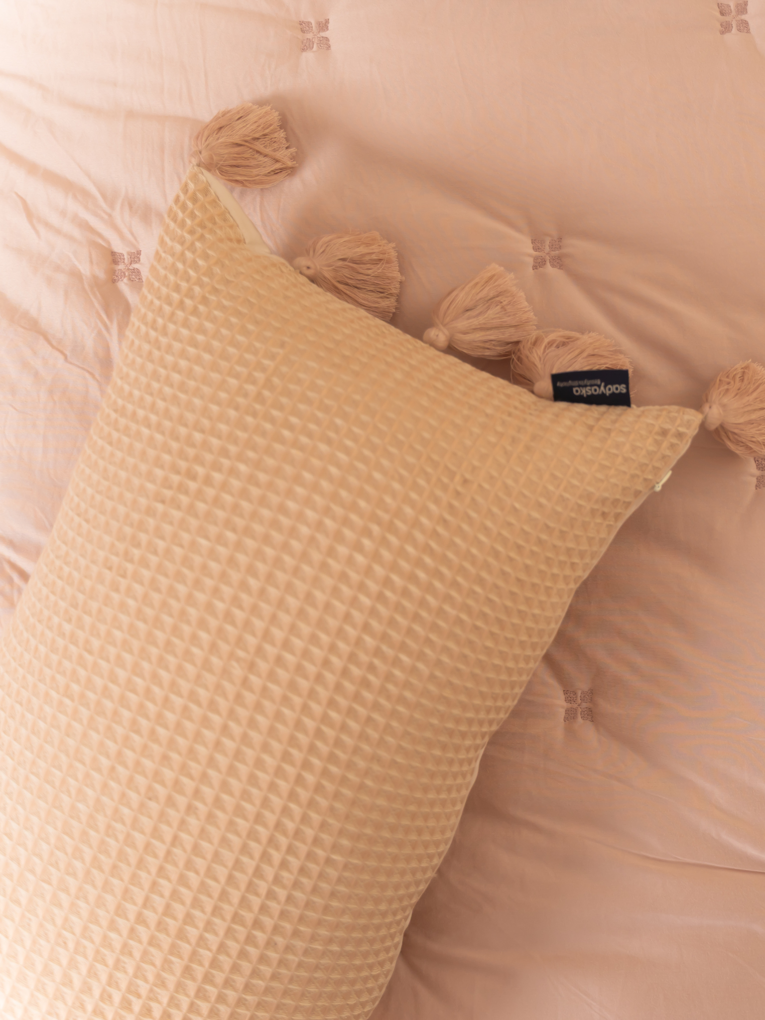 Pristine Oats Beige Textured Woven Cushion Cover with Tassels 12" X 24"