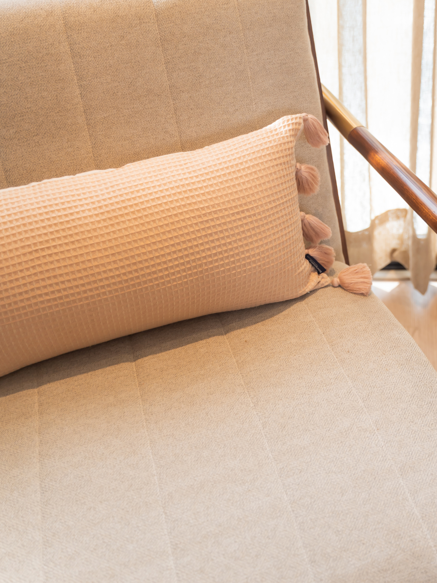 Pristine Oats Beige Textured Woven Cushion Cover with Tassels 12" X 24"