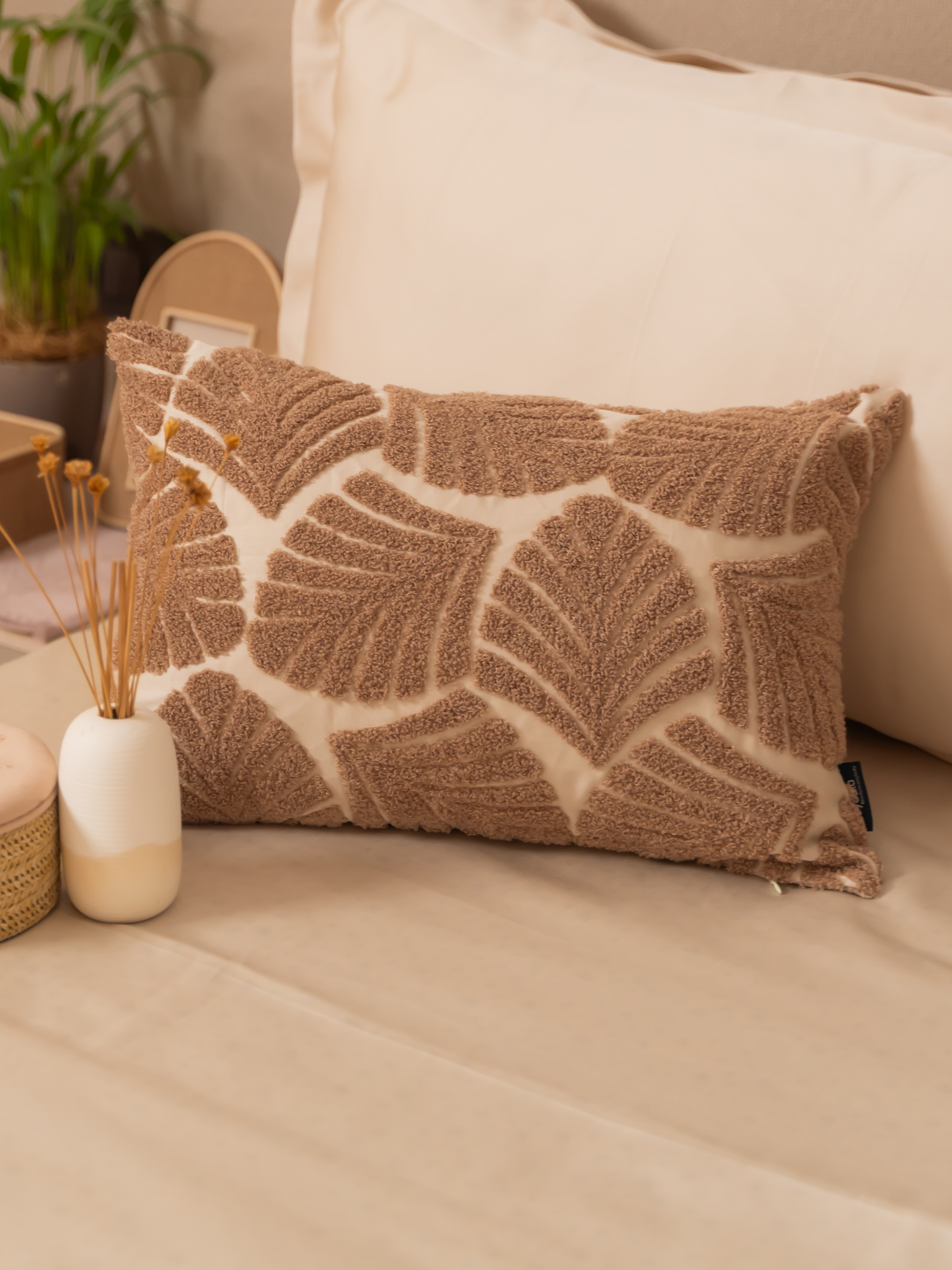 Kama Oats Beige Cotton Embroidered Cushion Cover 12" X 18"