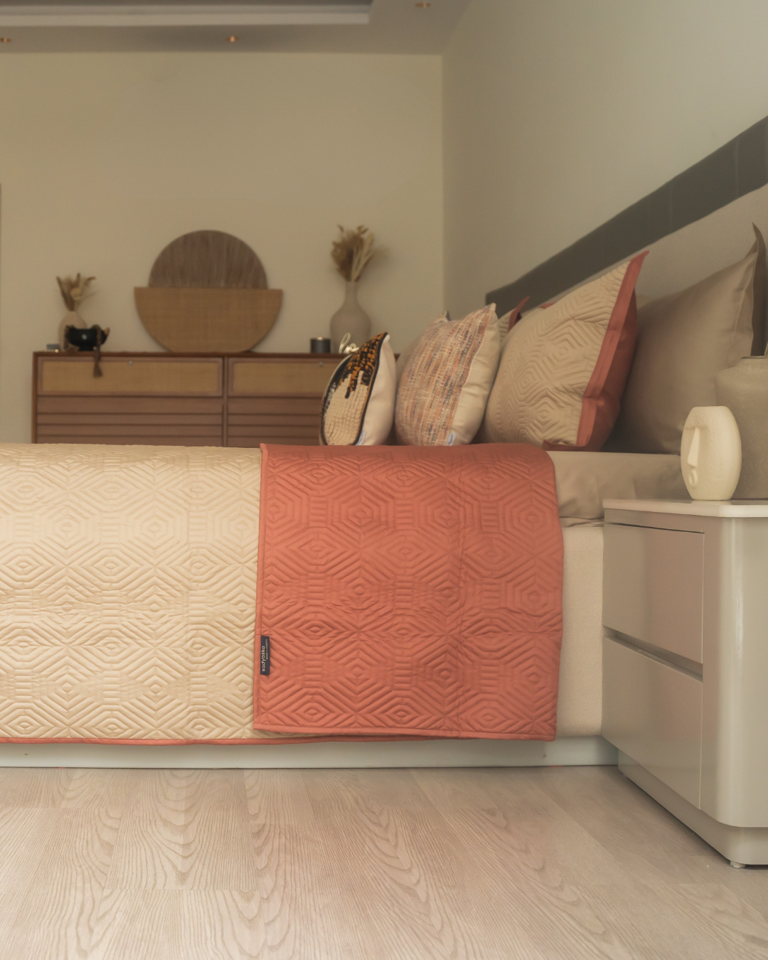 Quilted Sand and Terracotta Macao Reversible Bedspread