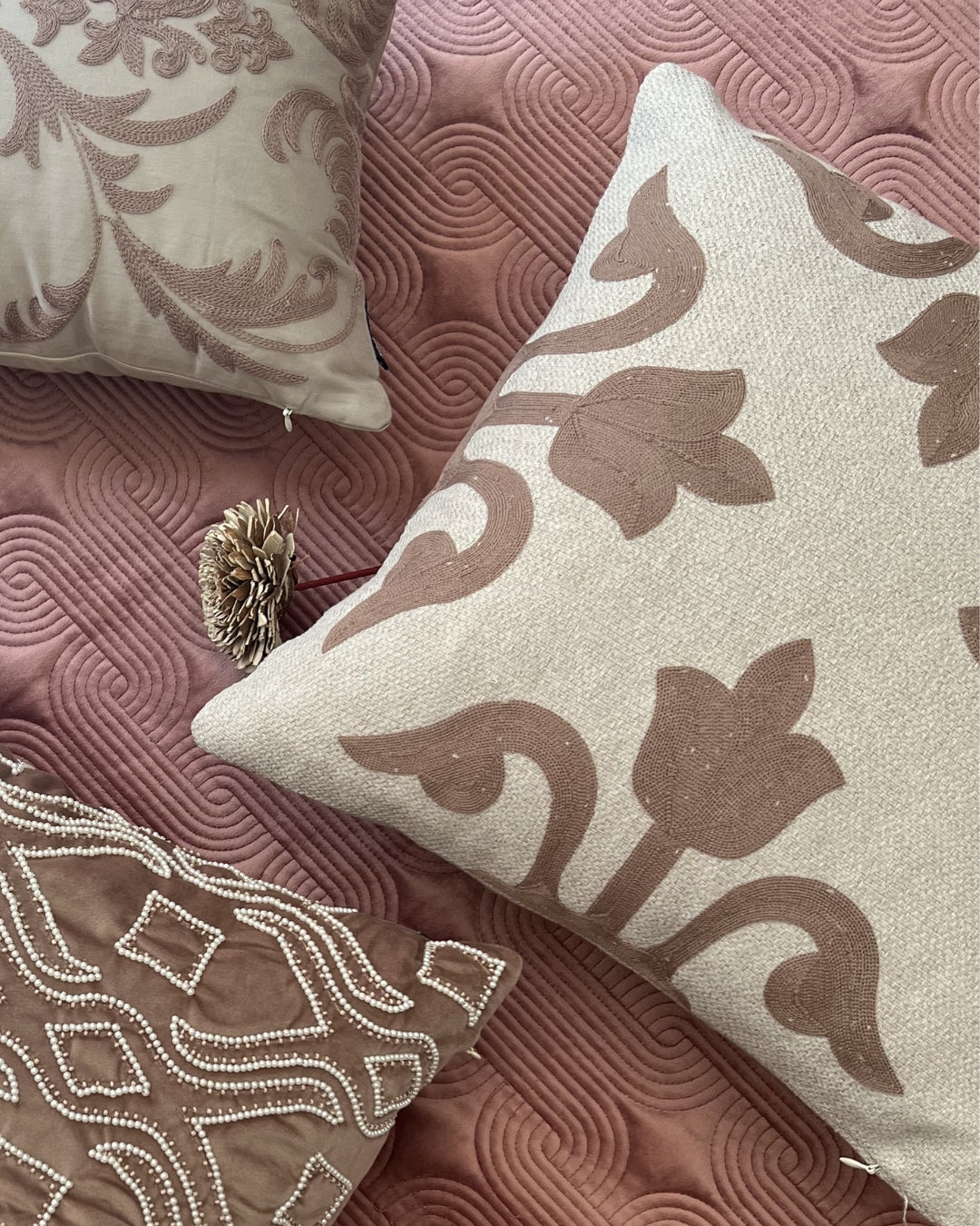 Aurex Embroidered Beige Cushion Cover (Size : 16"X16")