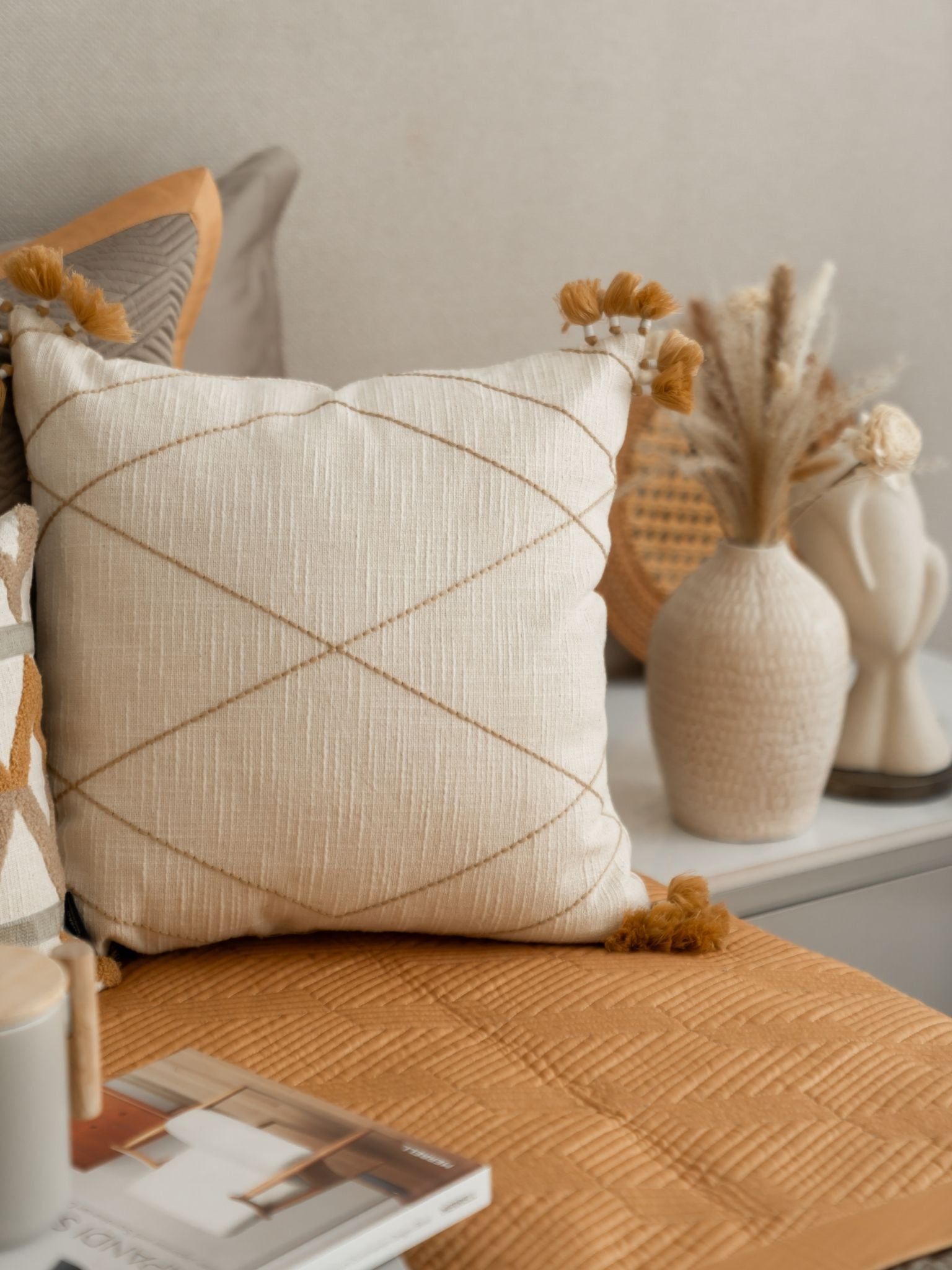 Vivian Cotton Embroidered Beige Cushion Cover 16" X 16"