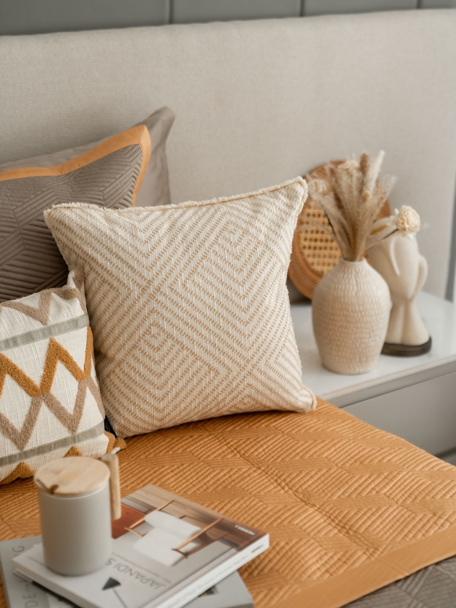 Elantra Cotton Embroidered Beige Cushion Cover 16" X 16"
