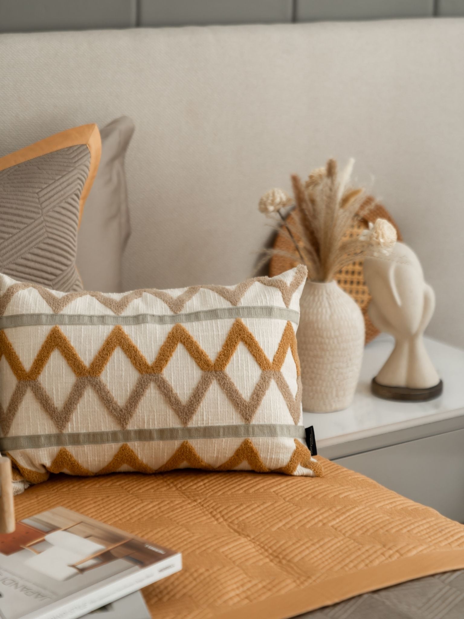 Vigo Cotton Embroidered Beige Cushion Cover 12" X 18"