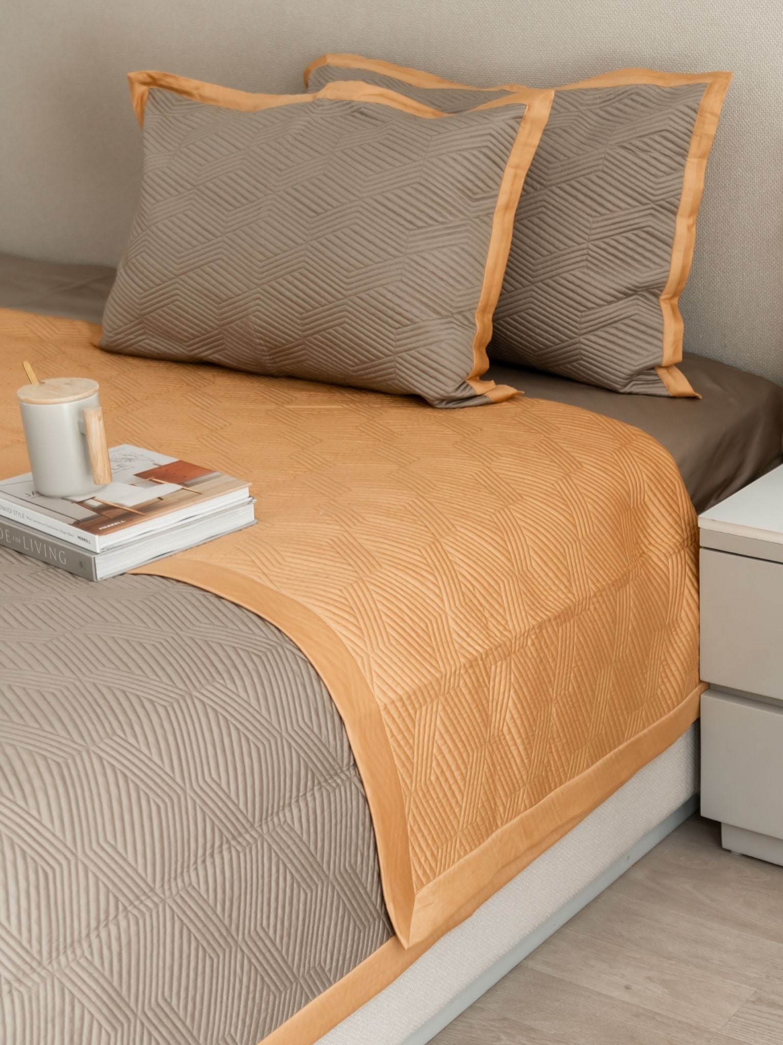 Adelle Mocha and Honey Mustard Cotton Reversible Bedspread