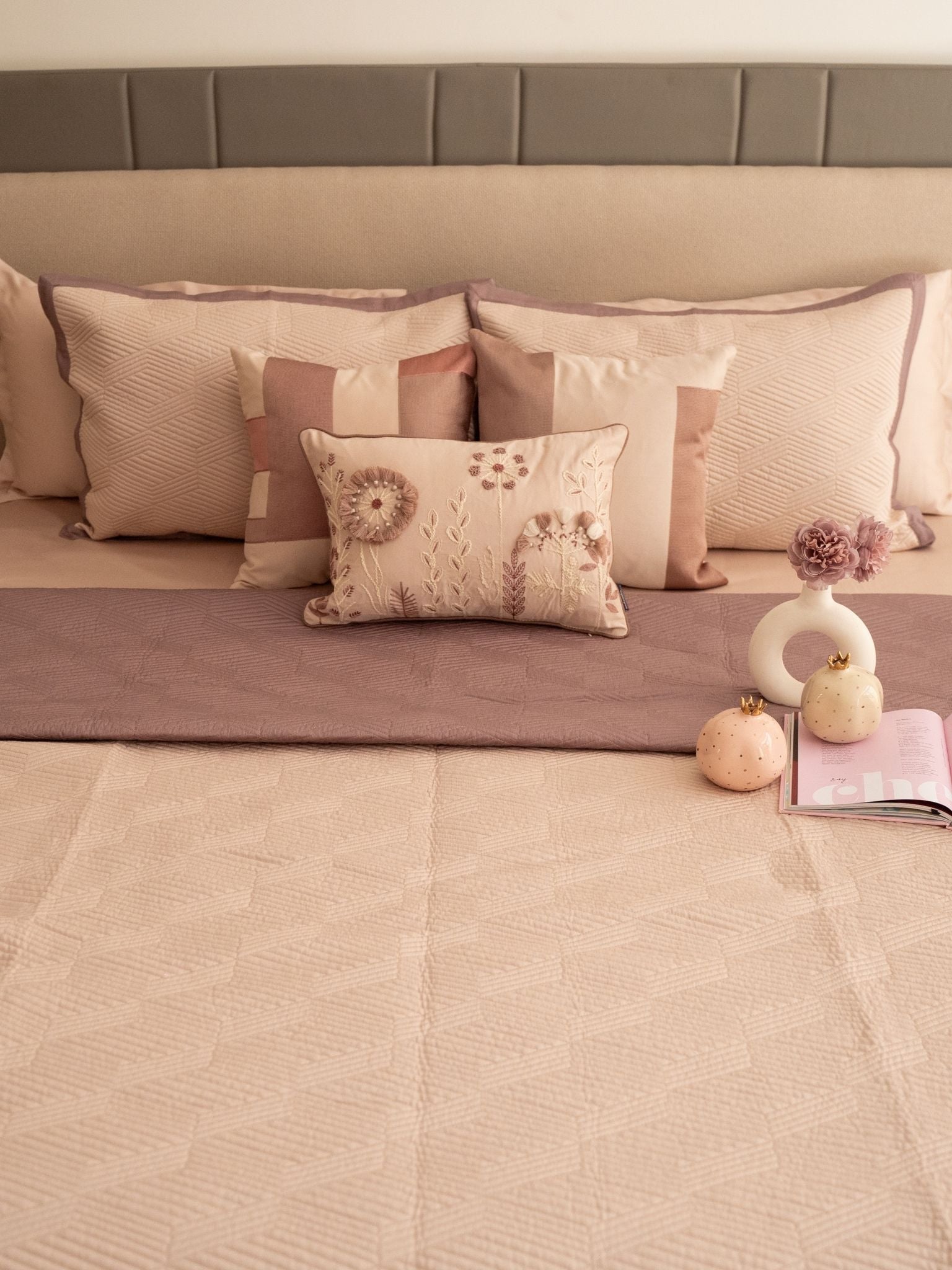 Adelle Old Rose and Buff Cotton Reversible Bedspread