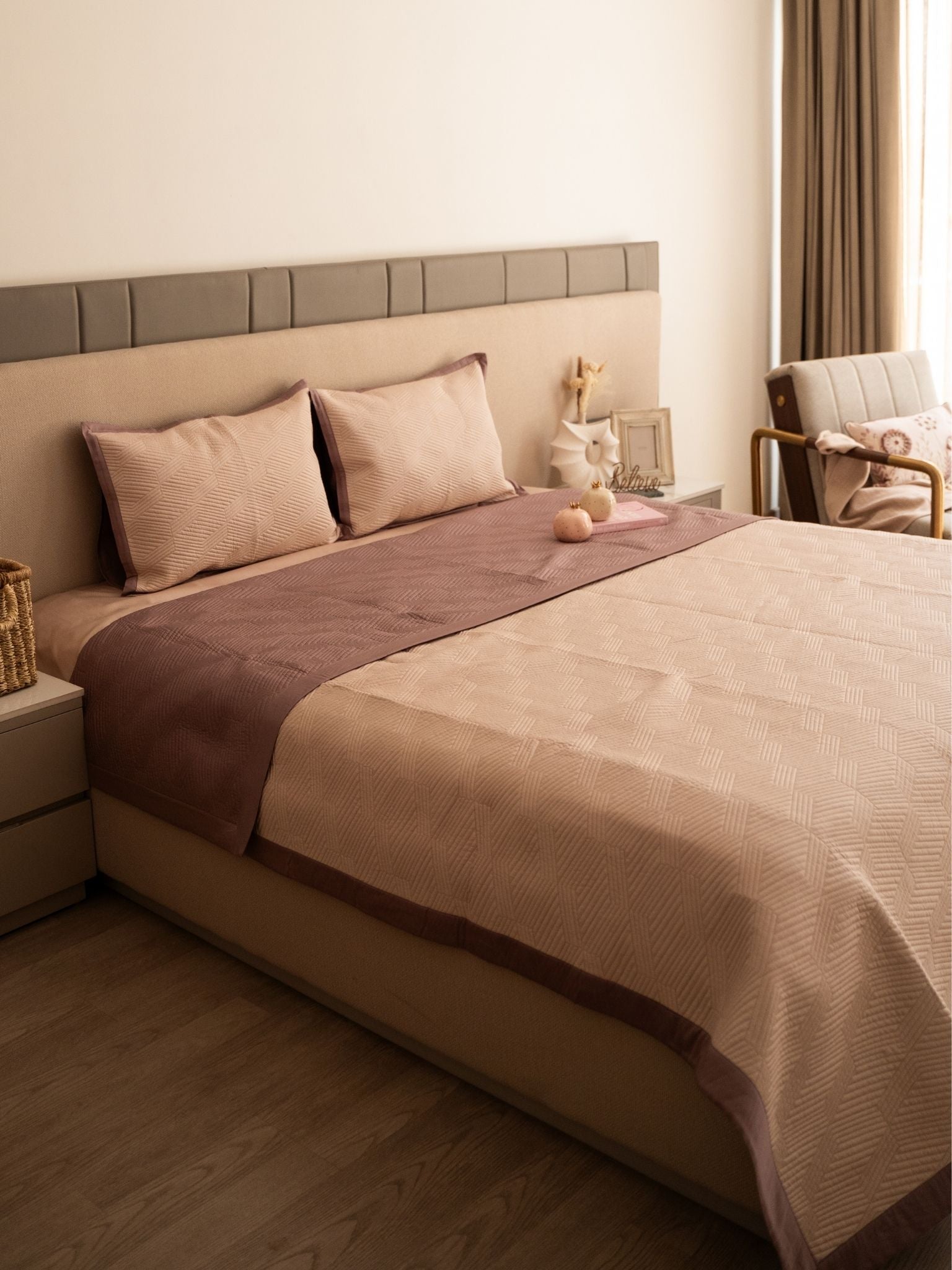 Adelle Old Rose and Buff Cotton Reversible Bedspread
