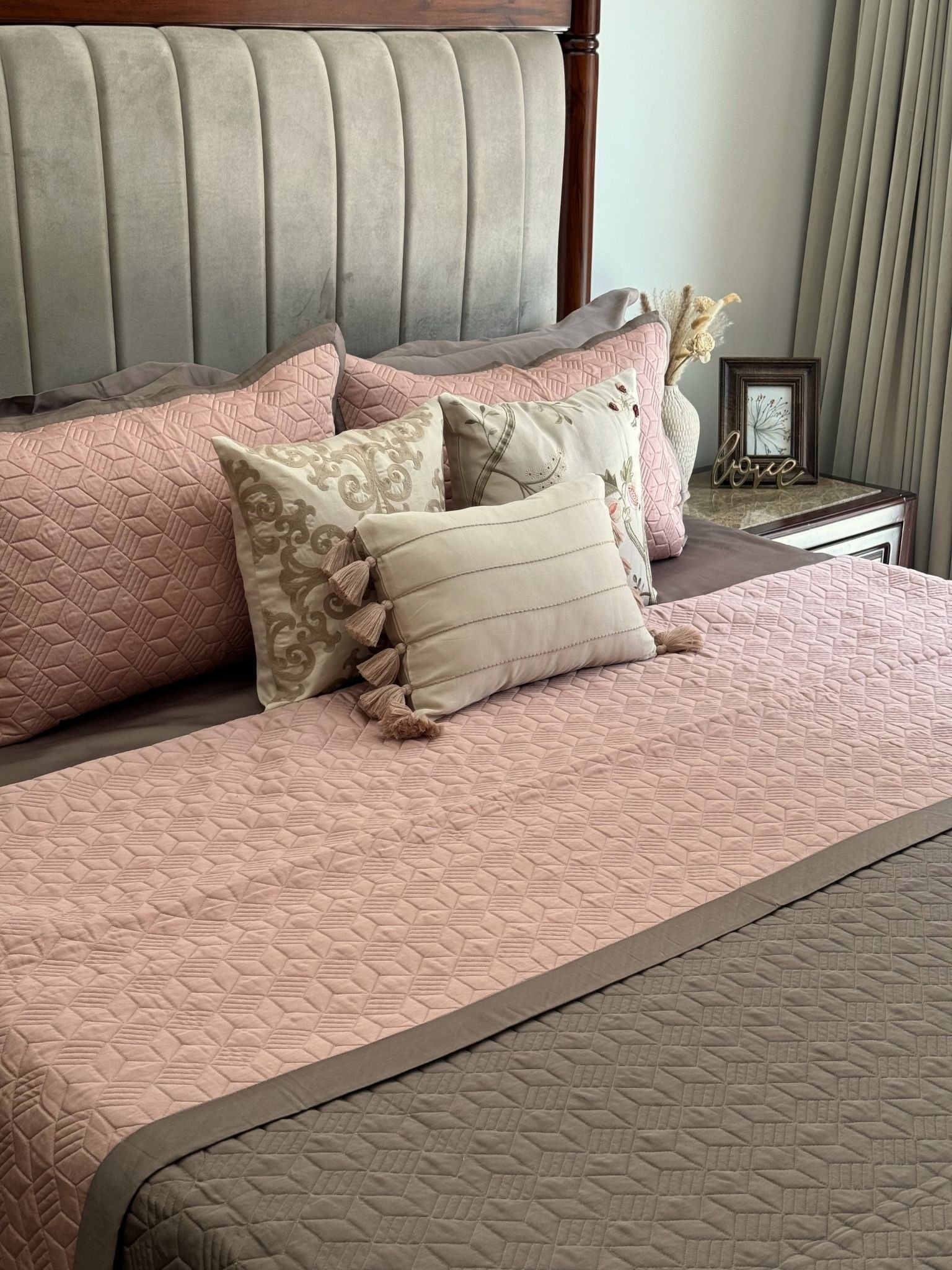 Rose and Taupe Adore Cotton Reversible Bedspread