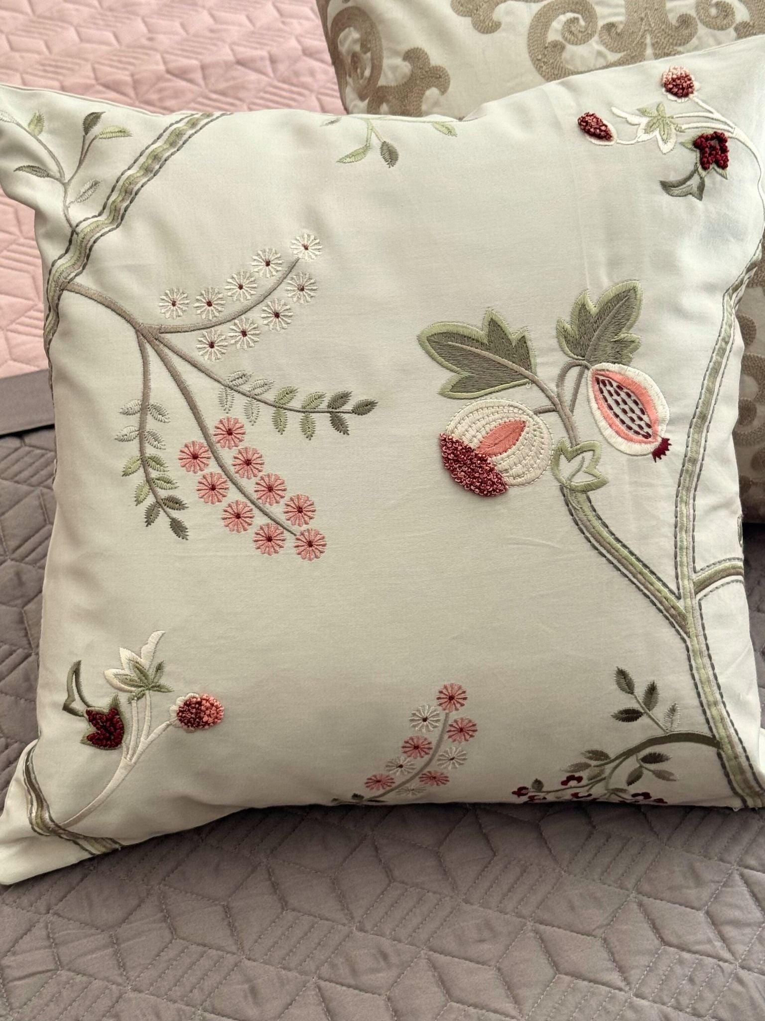 Botanical Charm Cotton Embroidered Beige Cushion Cover 16" X 16"