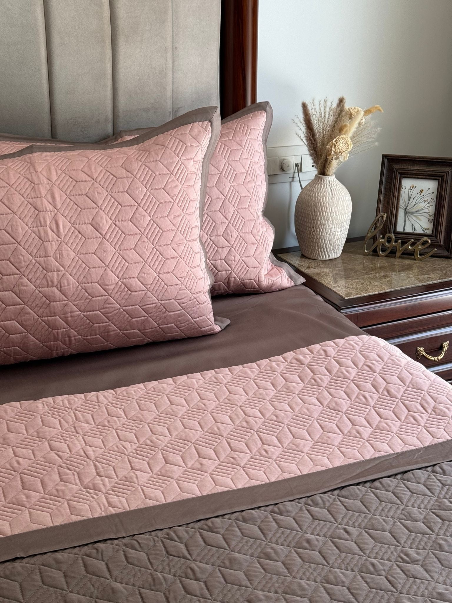 Rose and Taupe Adore Cotton Reversible Bedspread