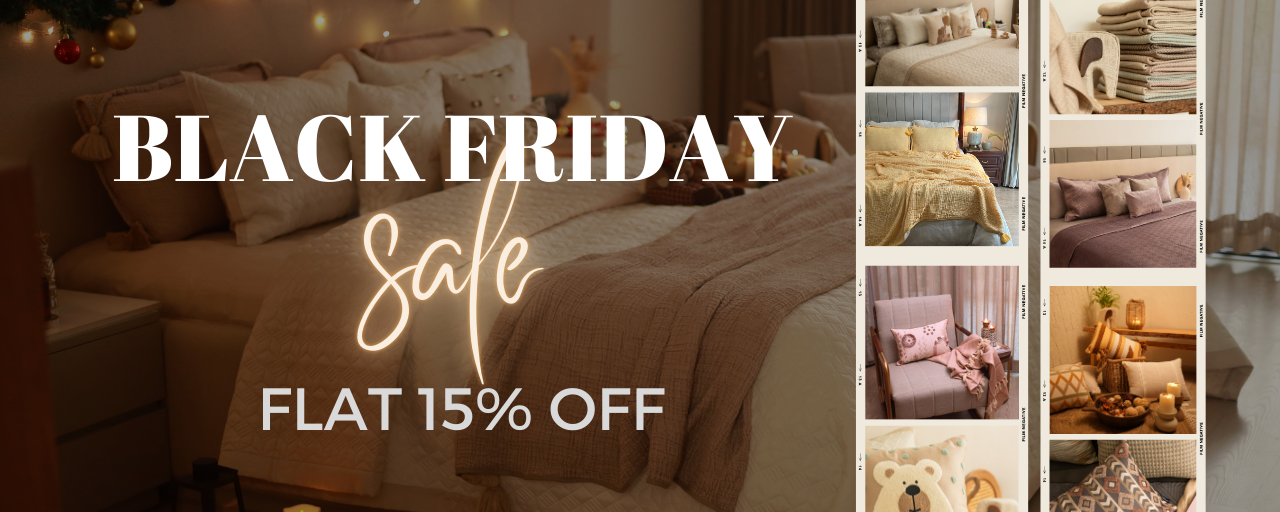 Promotional banner for Black Friday sale with a flat 15% off on bedding and home decor.