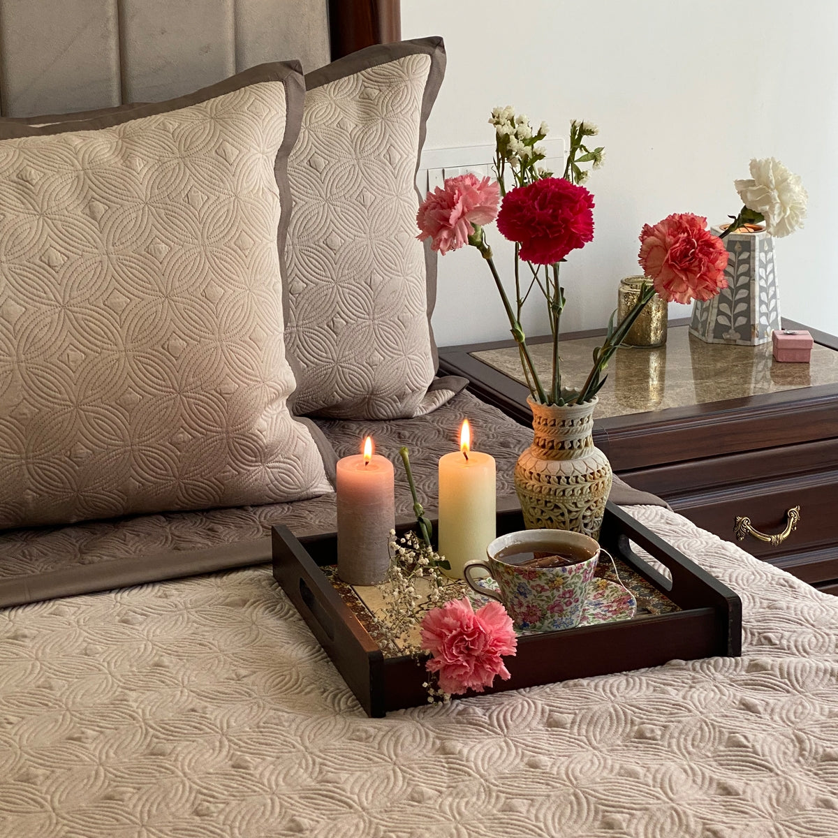 buff and khahi bedspread