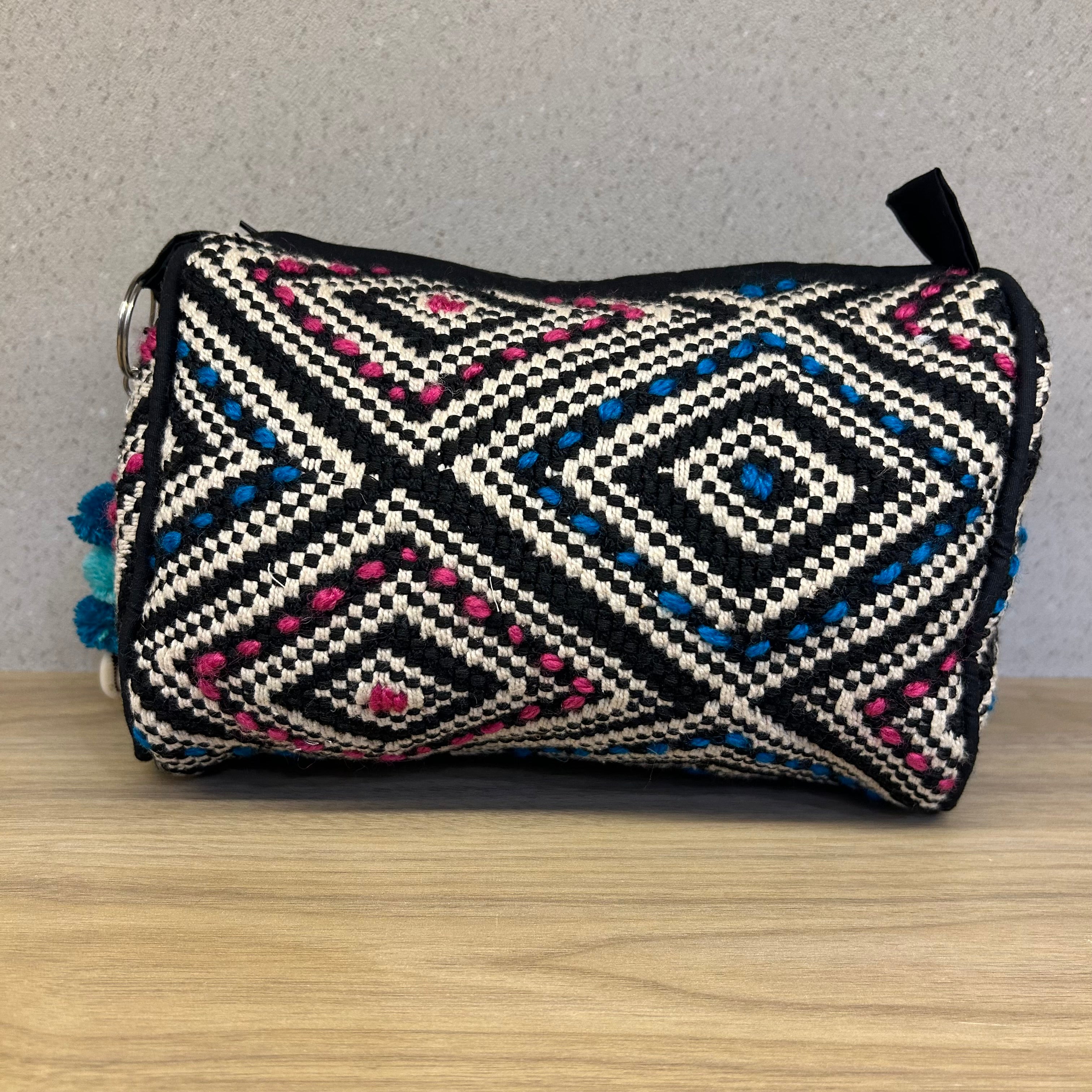 Black and White (Blue - Pink) Cotton Medium Size Woven Wedding Jewelry Pouch / Cosmetic / Make Up Case Multifunction Storage