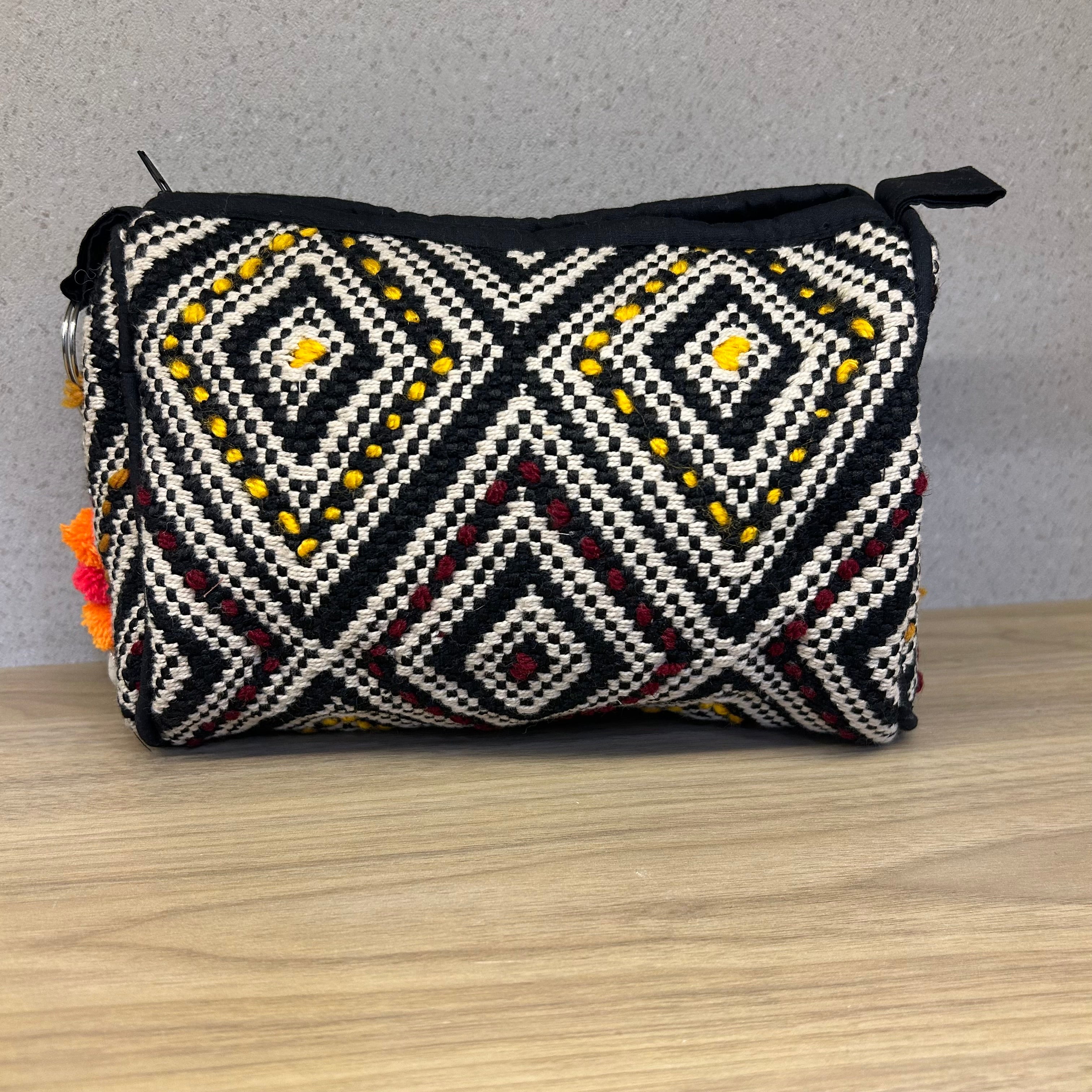 Black and White (Yellow - Maroon) Cotton Medium Size Woven Wedding Jewelry Pouch / Cosmetic / Make Up Case Multifunction Storage