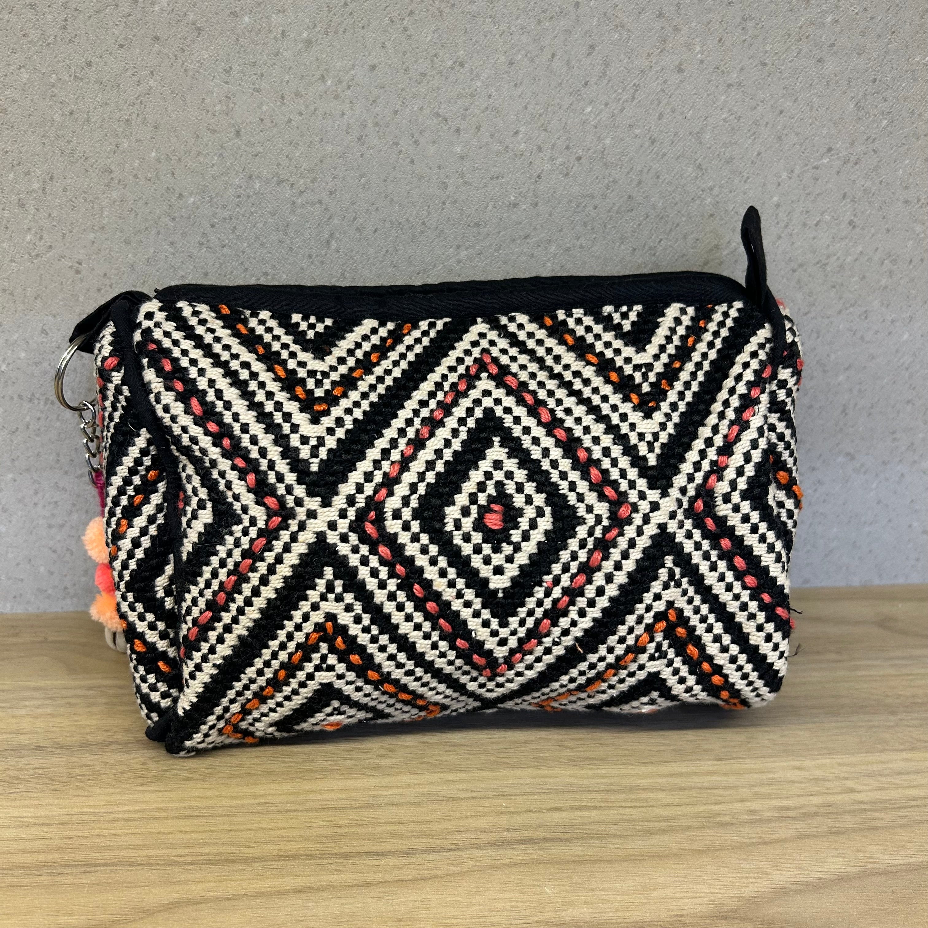 Black and White (Orange - Pink) Cotton Medium Size Woven Wedding Jewelry Pouch / Cosmetic / Make Up Case Multifunction Storage