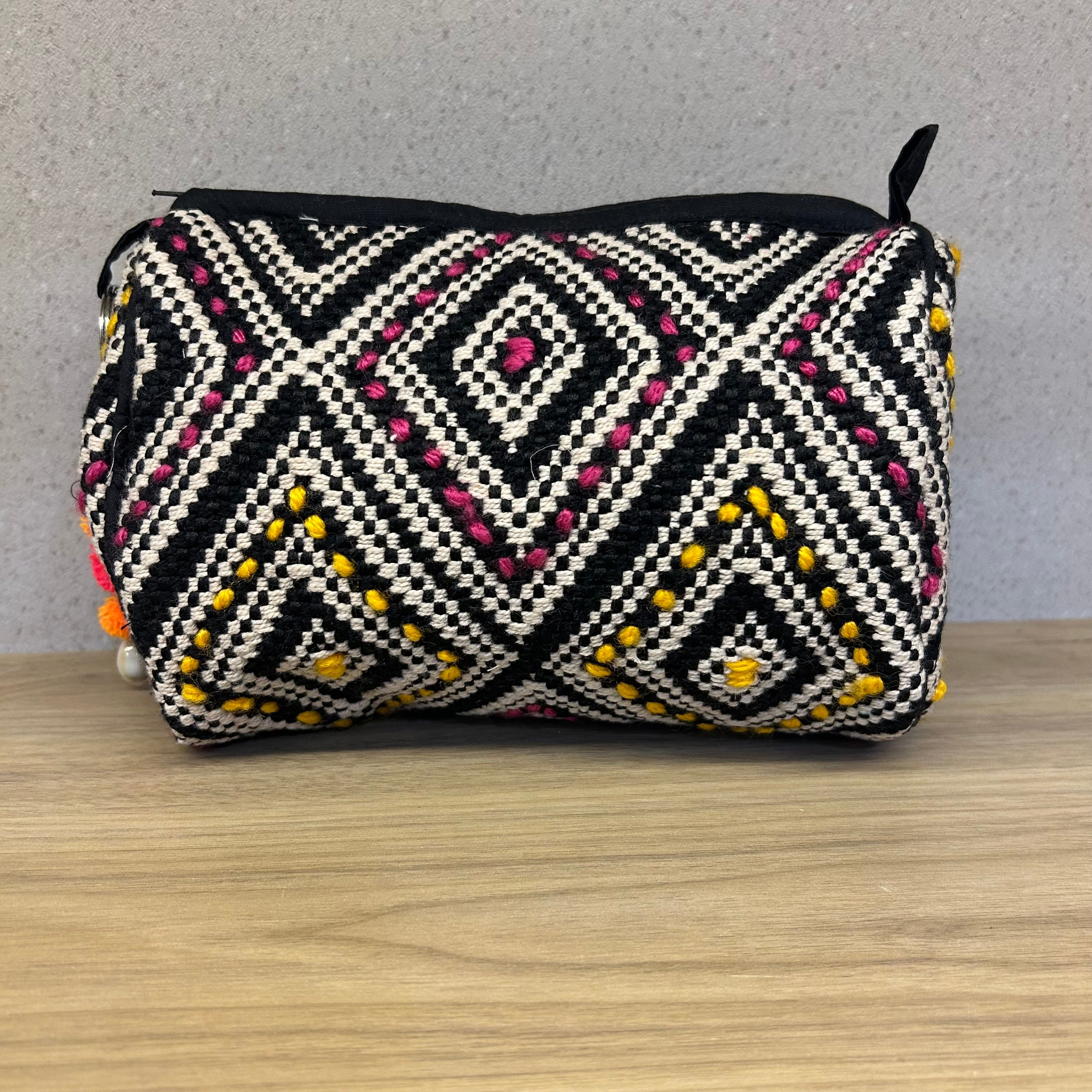 Black and White (Yellow - Pink) Cotton Medium Size Woven Wedding Jewelry Pouch / Cosmetic / Make Up Case Multifunction Storage