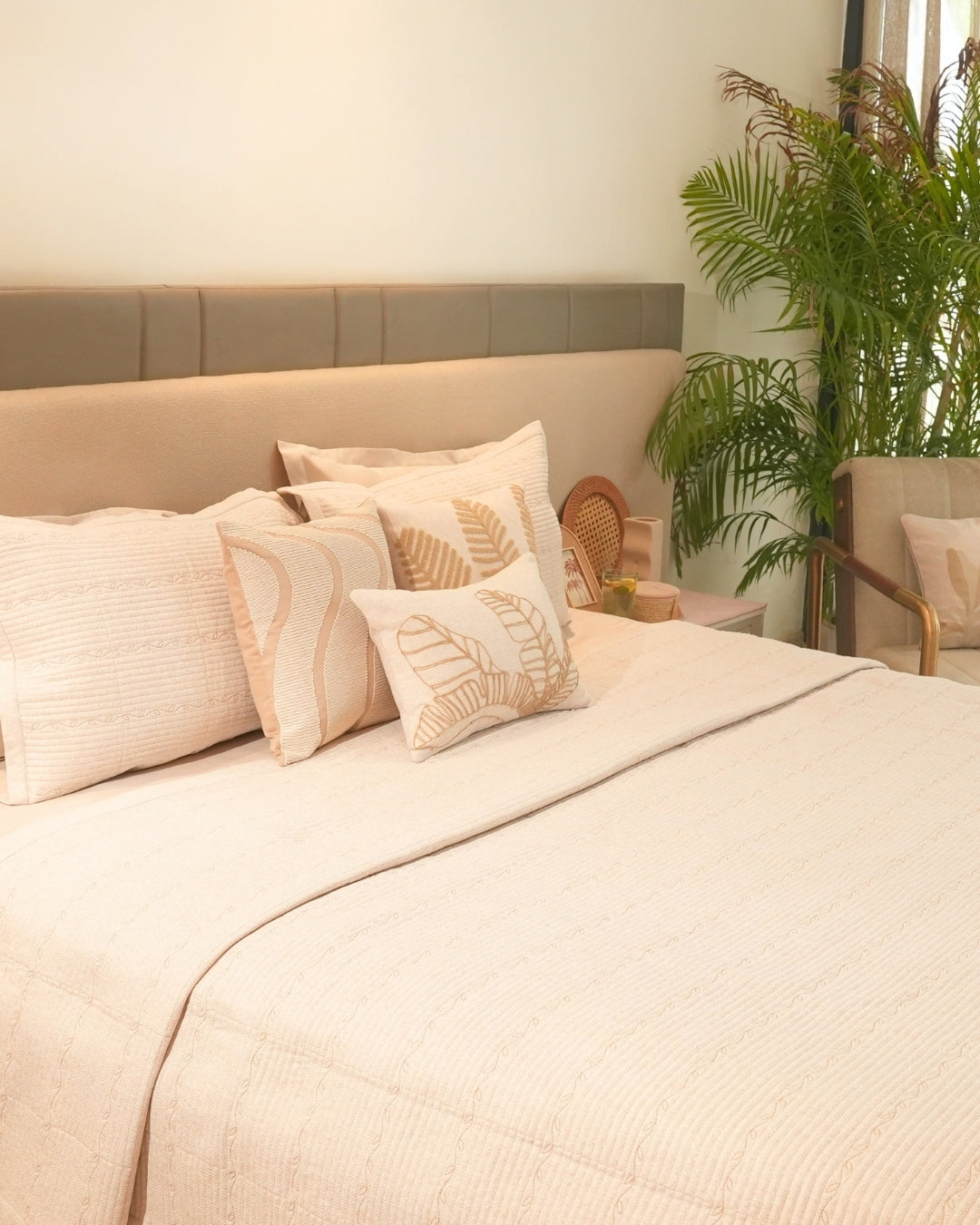 Blossom Beige Quilted Bedspread Set