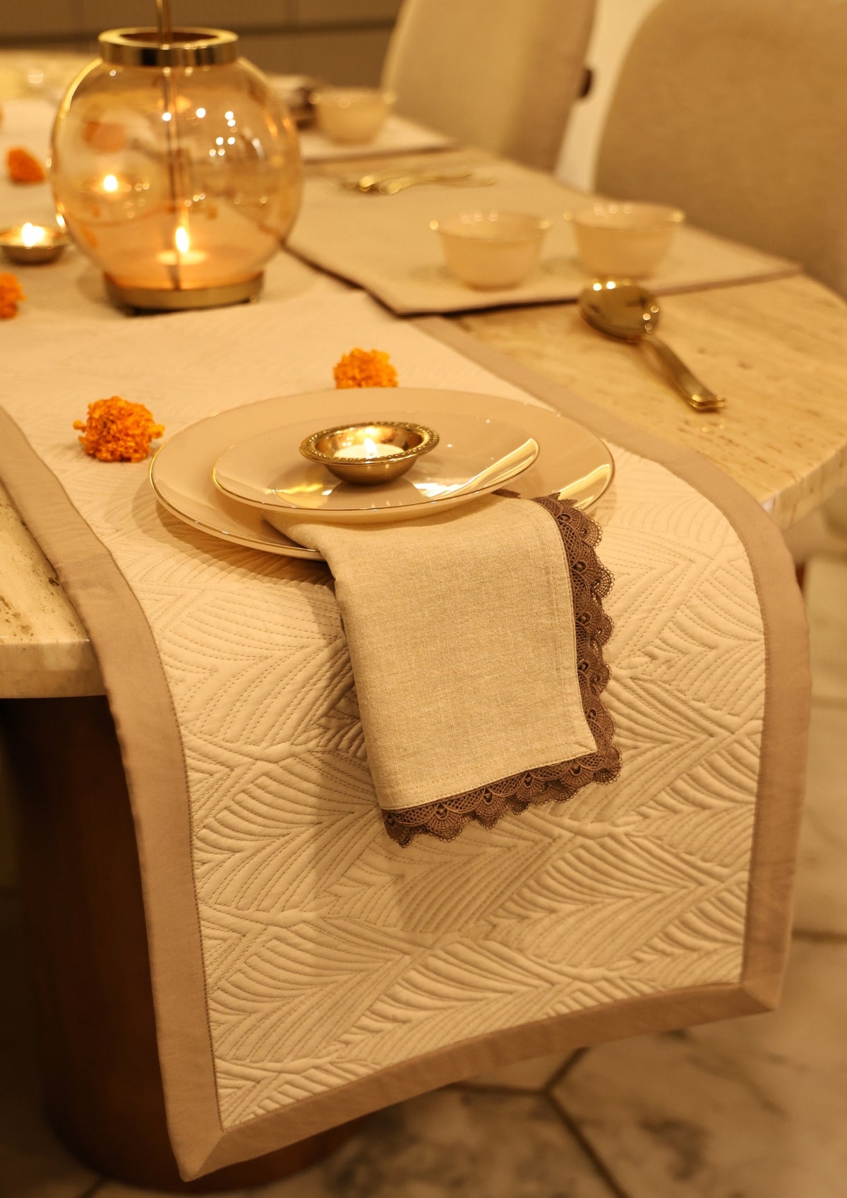 Celine Sand Oats Beige Cotton Quilted Table Linen Set (7 PC Set)