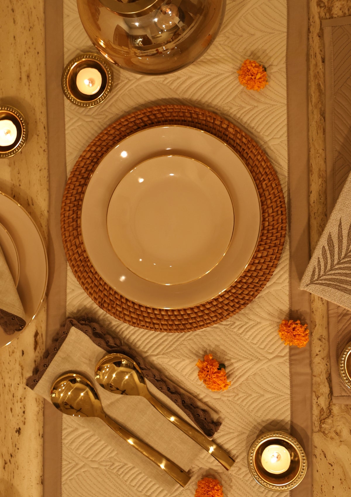 Celine Sand Oats Beige Cotton Quilted Table Linen Set (7 PC Set)