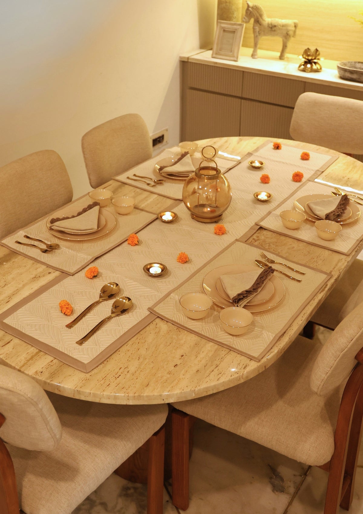 Celine Sand Oats Beige Cotton Quilted Table Linen Set (7 PC Set)