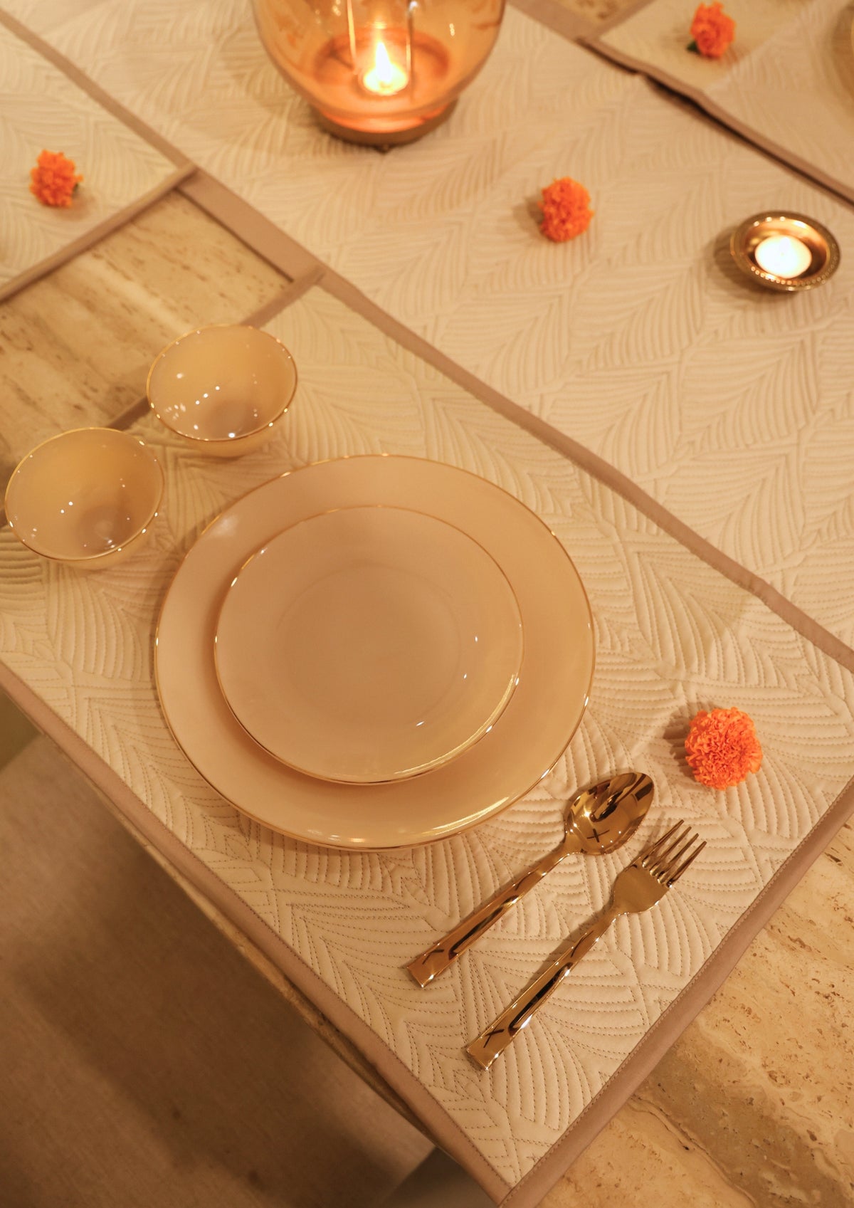 Celine Sand Oats Beige Cotton Quilted Table Linen Set (7 PC Set)