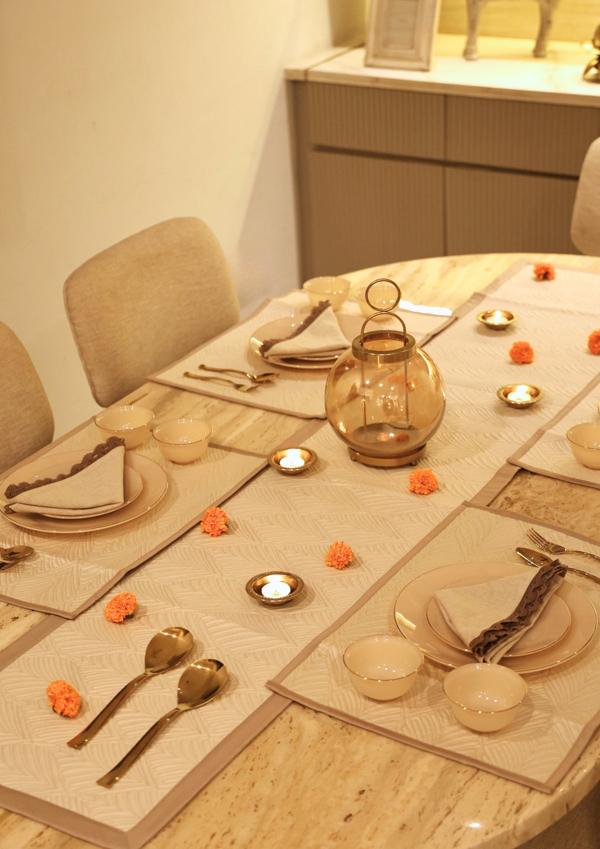 Celine Sand Oats Beige Cotton Quilted Table Linen Set (7 PC Set)