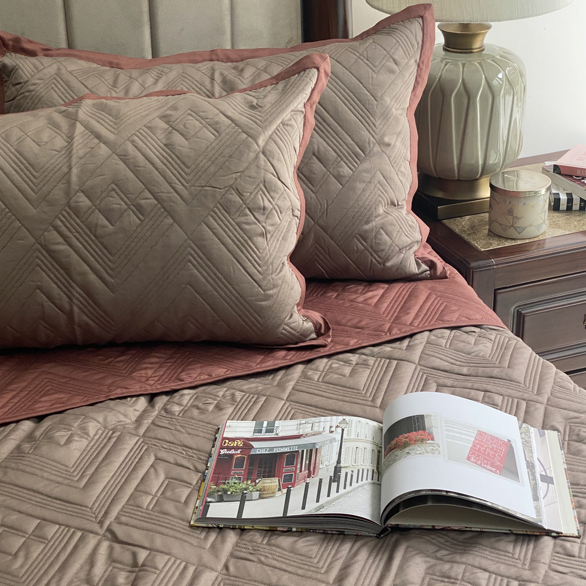 Quilted Blush and Taupe Cliff Reversible Bedspread