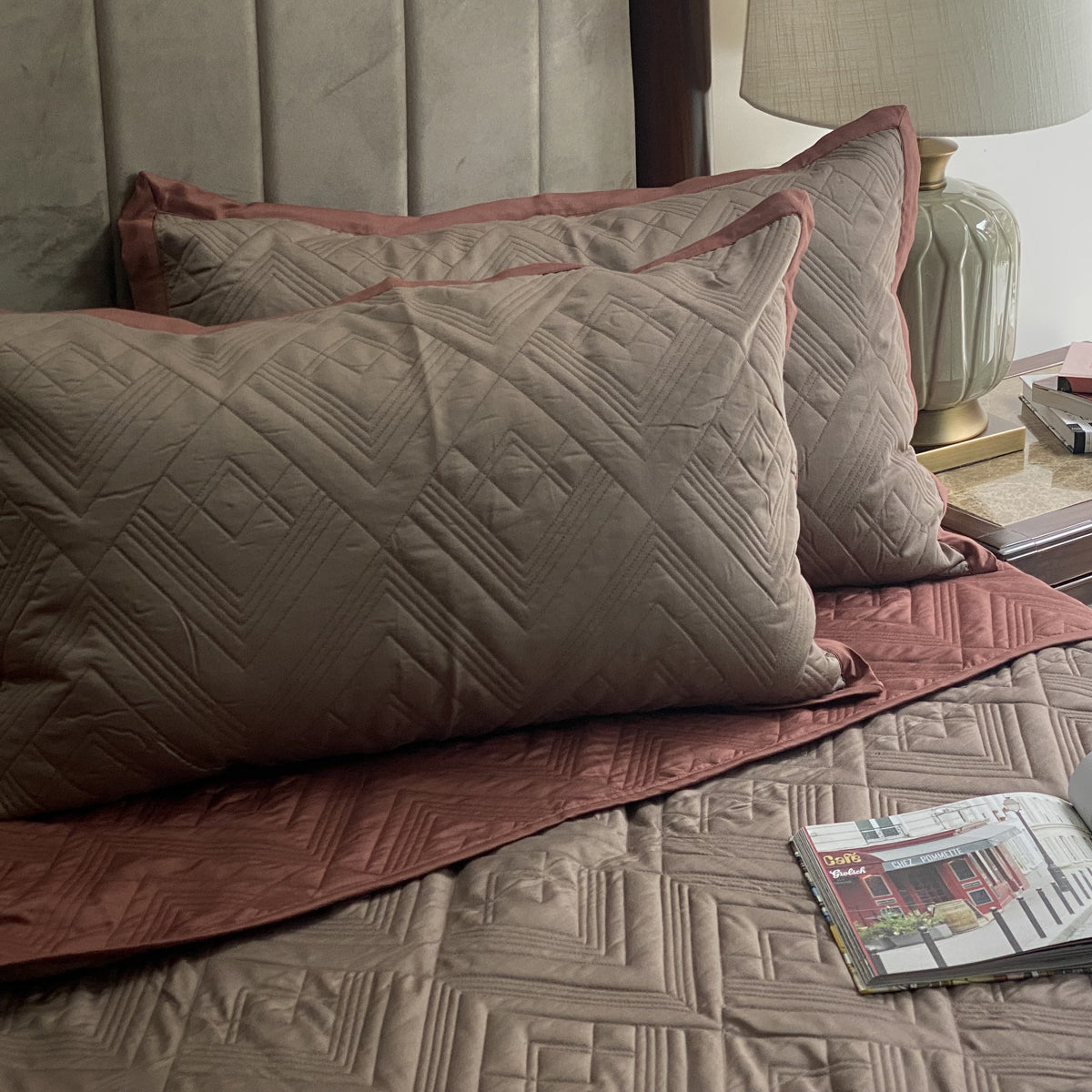 Quilted Blush and Taupe Cliff Reversible Bedspread