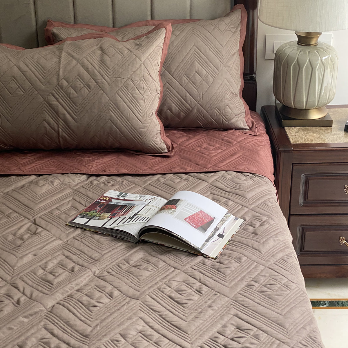 Quilted Blush and Taupe Cliff Reversible Bedspread