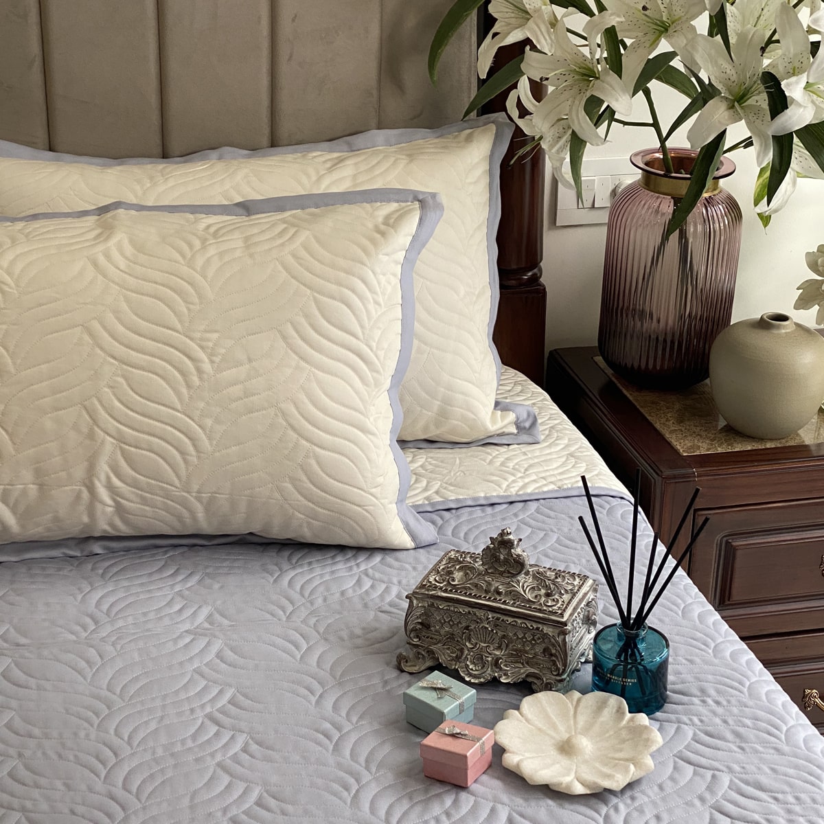 Quilted Sky Blue and Ivory Comber Reversible Bedspread