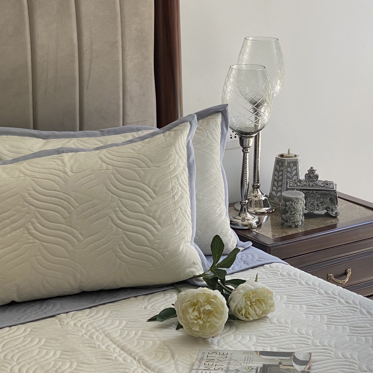 Quilted Sky Blue and Ivory Comber Reversible Bedspread