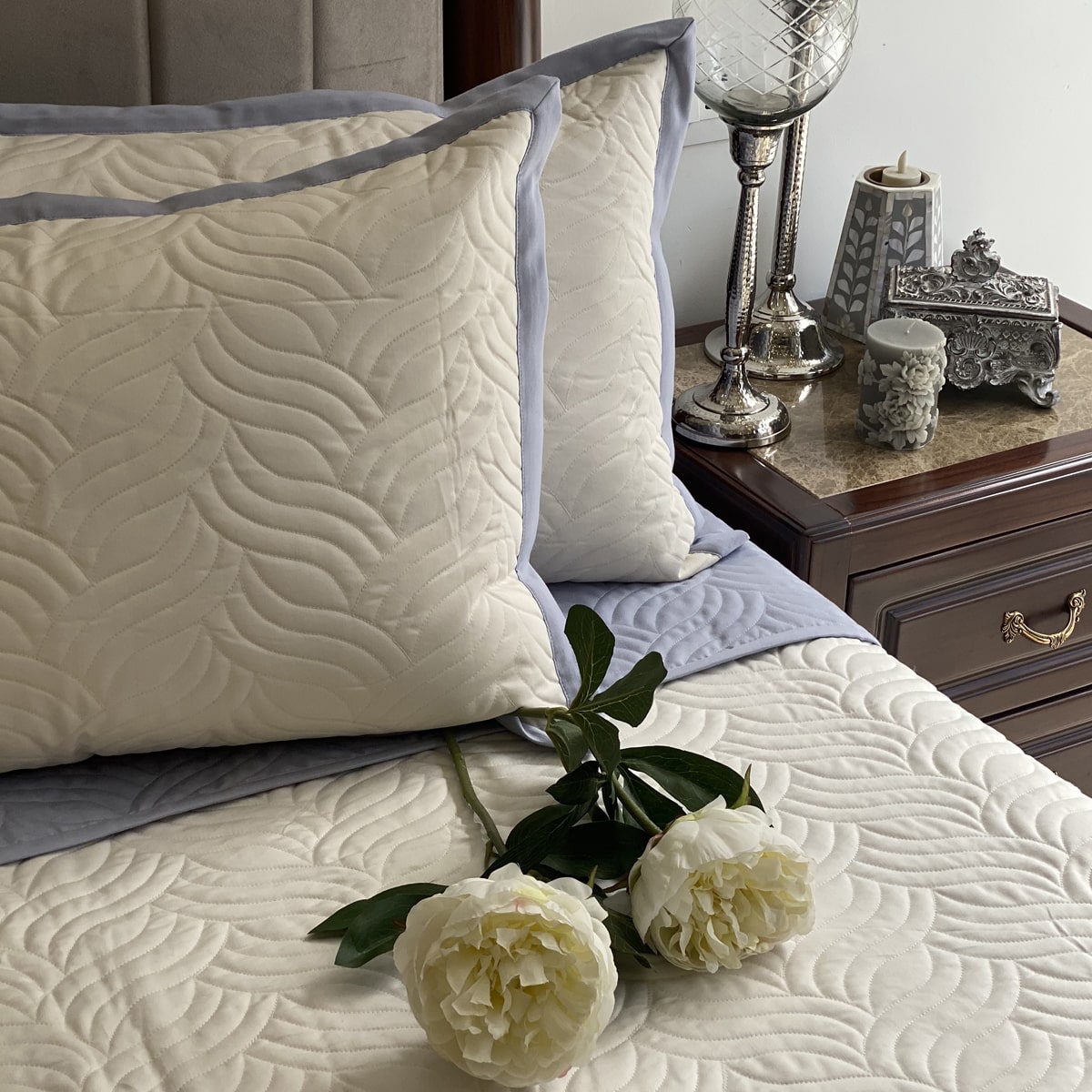 Quilted Sky Blue and Ivory Comber Reversible Bedspread