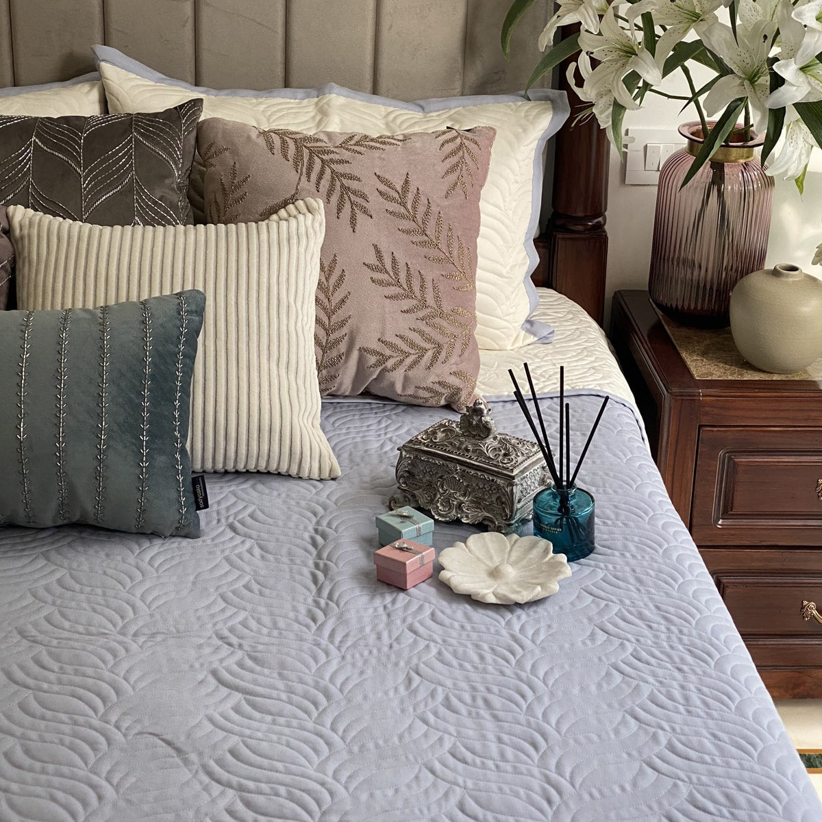 Quilted Sky Blue and Ivory Comber Reversible Bedspread