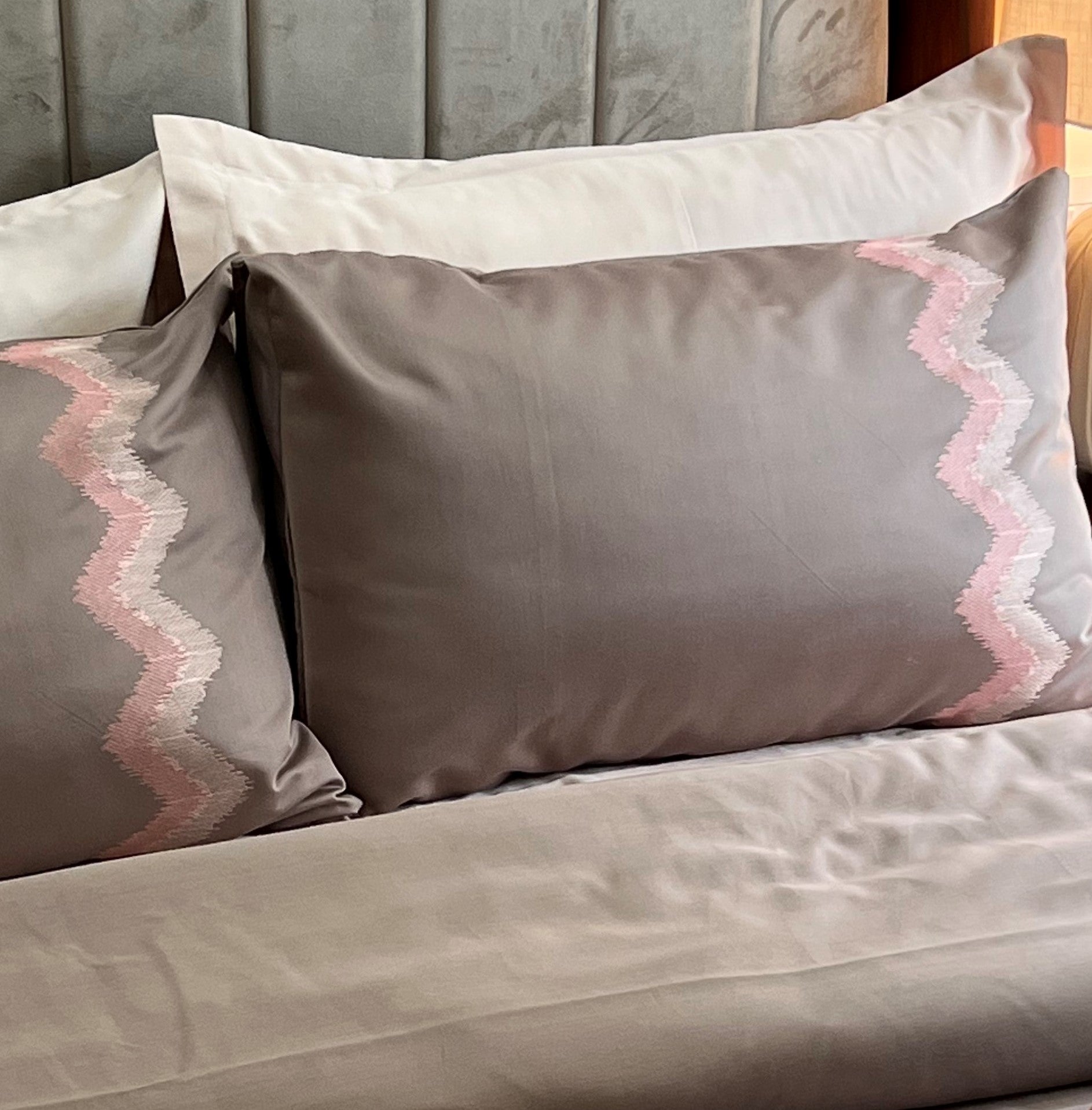 Crest Taupe Embroidered Cotton Rich Pillow Covers (Set of 02)