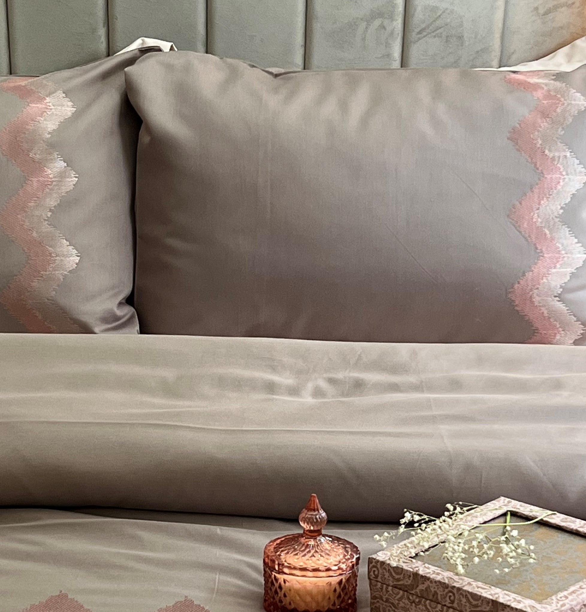 Crest Taupe Embroidered Cotton Rich Pillow Covers (Set of 02)