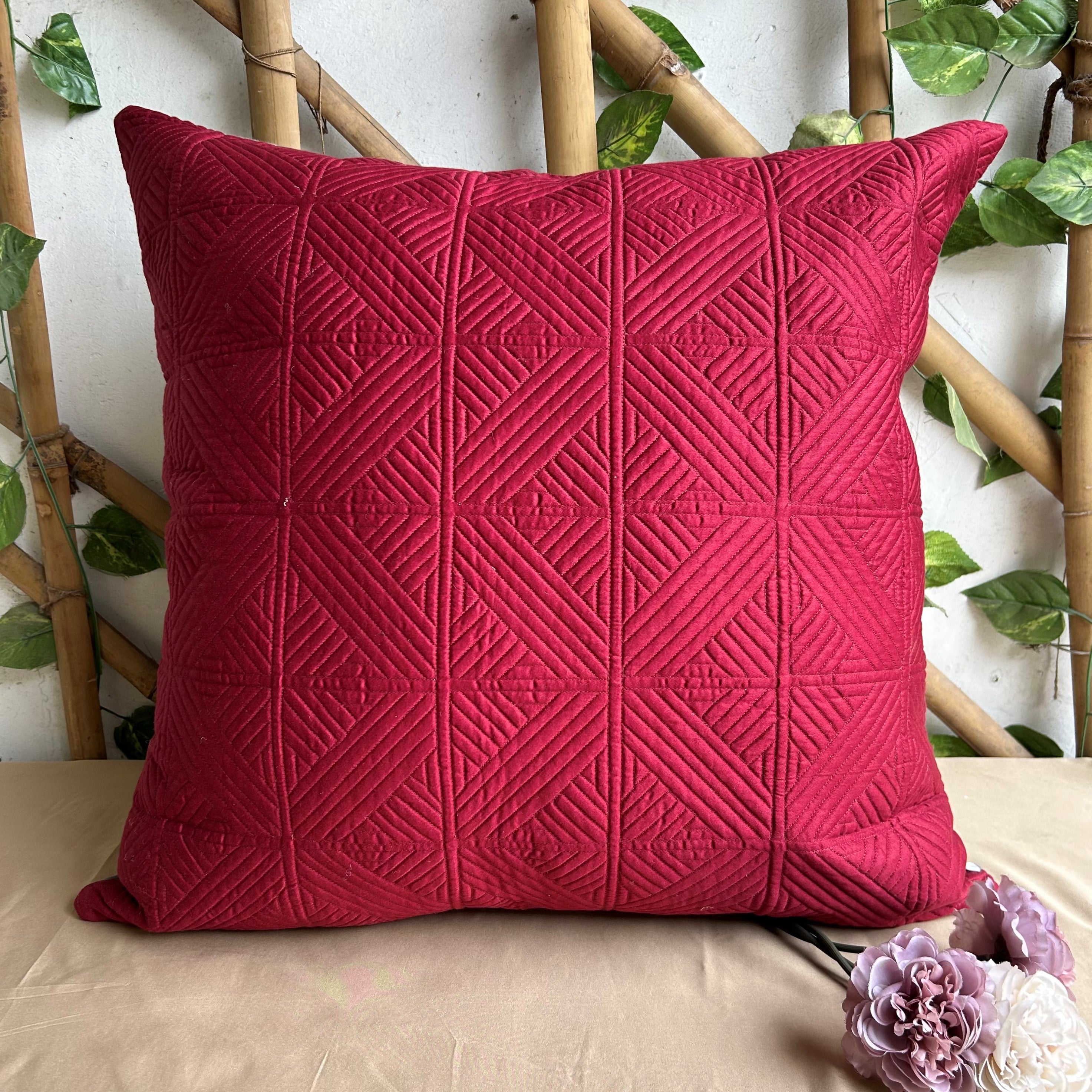 Cubist Maroon and Olive Grey Quilted Reversible Cotton Euro Sham