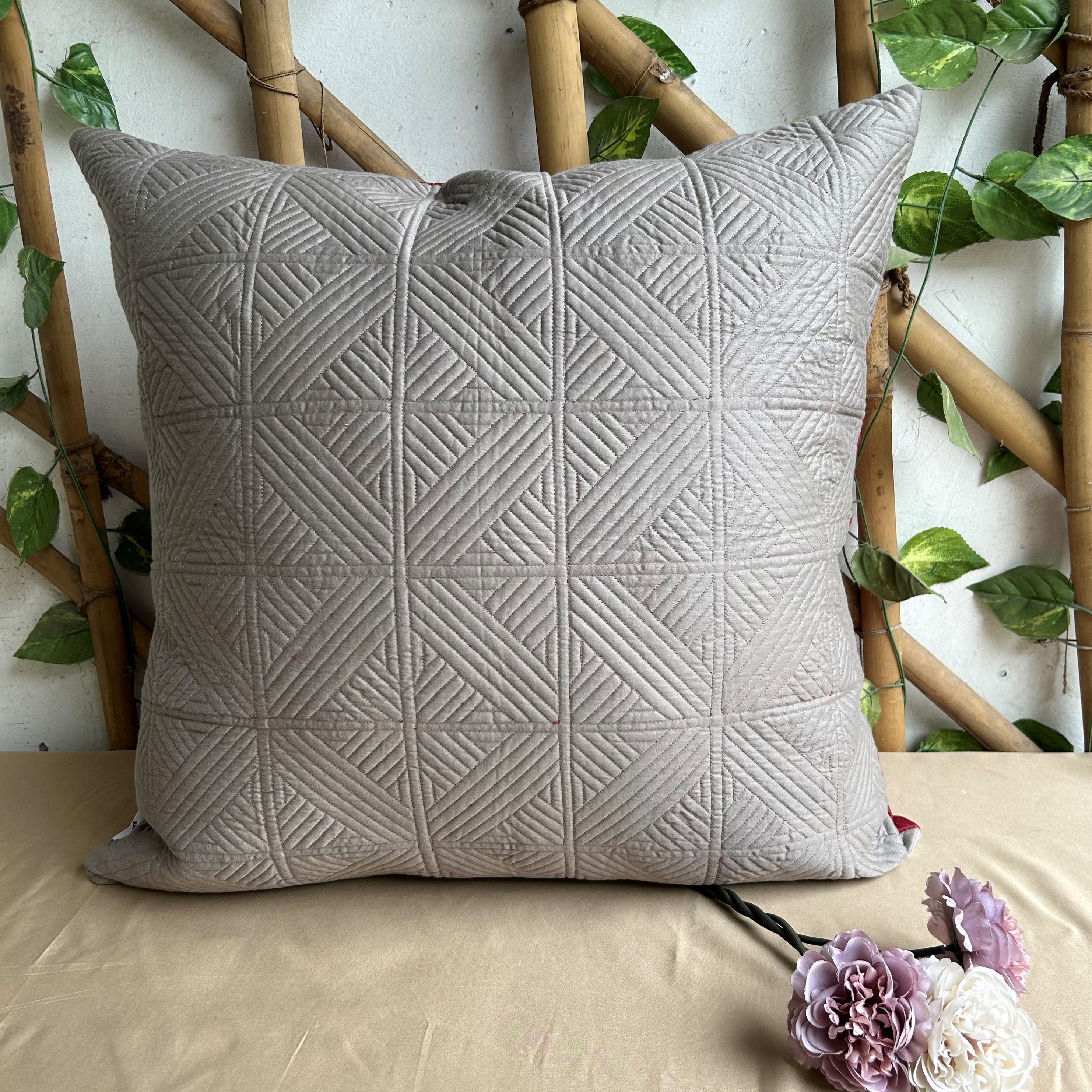 Cubist Maroon and Olive Grey Quilted Reversible Cotton Euro Sham
