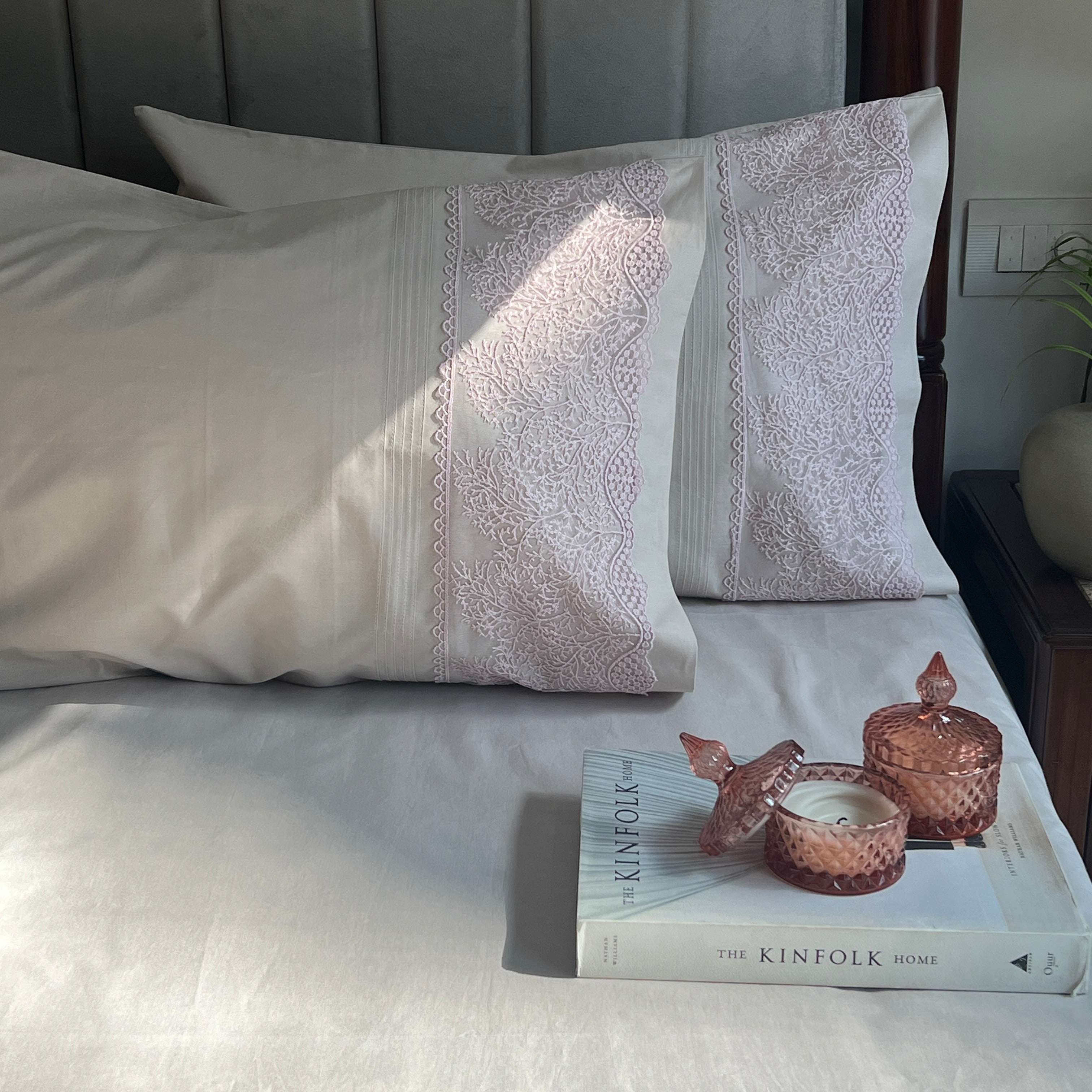 Chantilly Almond Beige Embroidered Lace Bedsheet Set