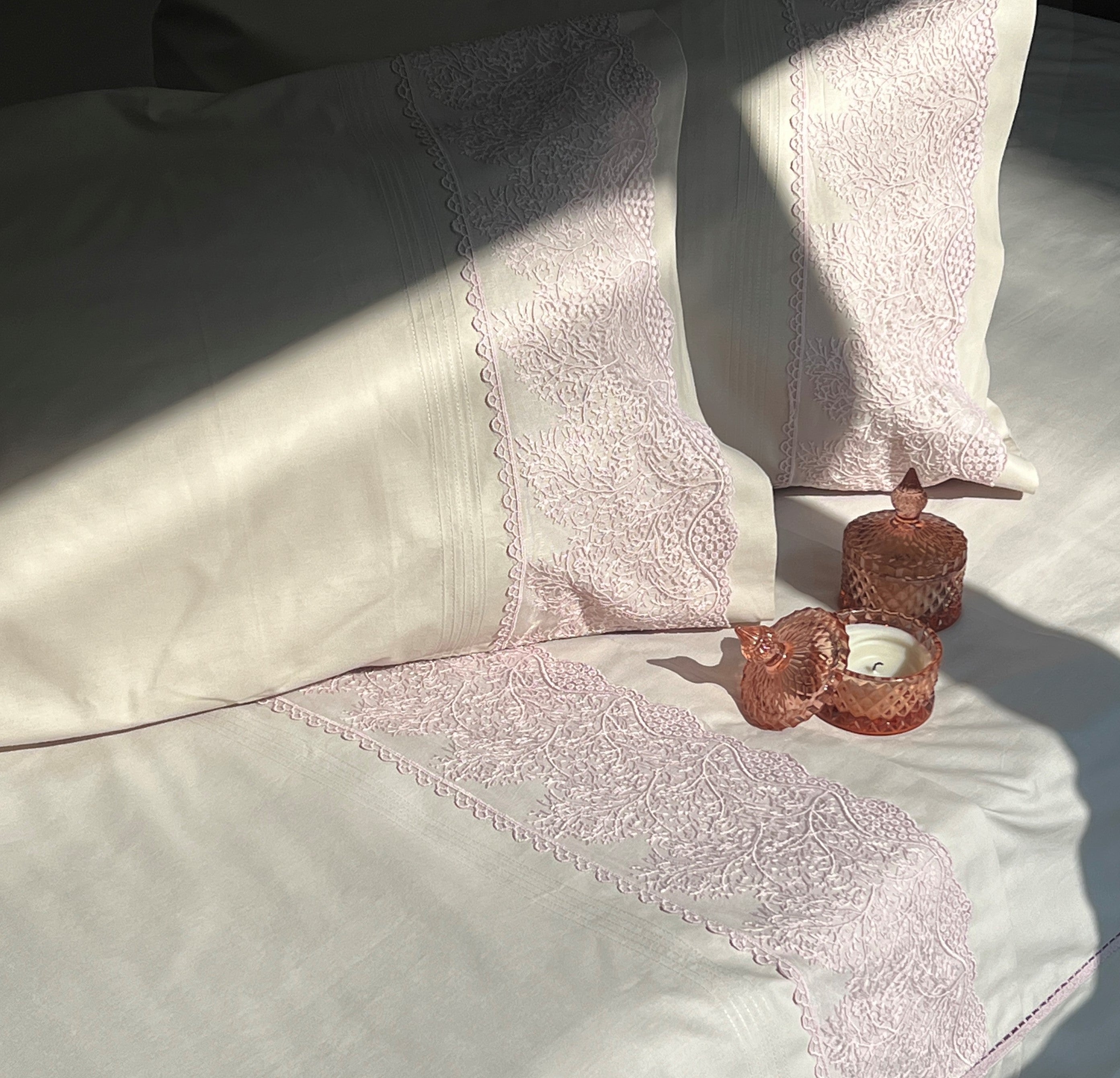 Chantilly Almond Beige Embroidered Lace Bedsheet Set