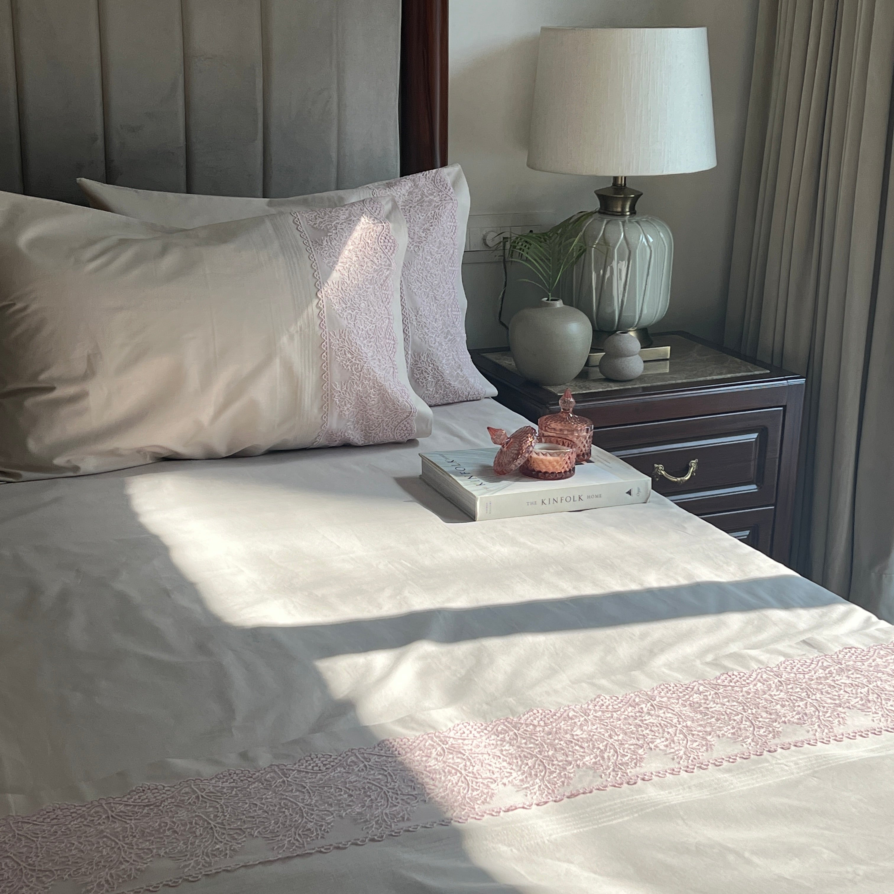 Chantilly Almond Beige Embroidered Lace Bedsheet Set