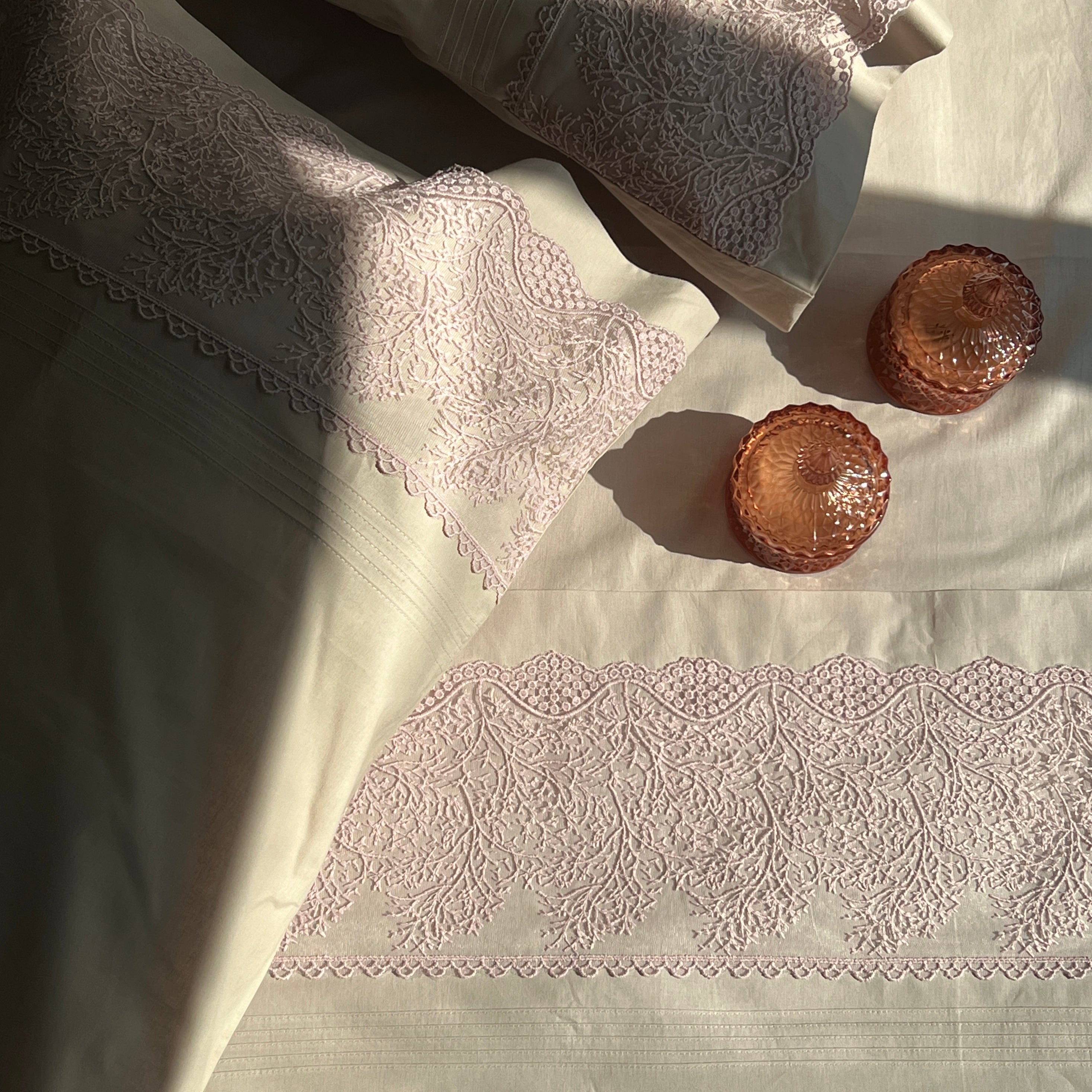 Chantilly Almond Beige Embroidered Lace Bedsheet Set