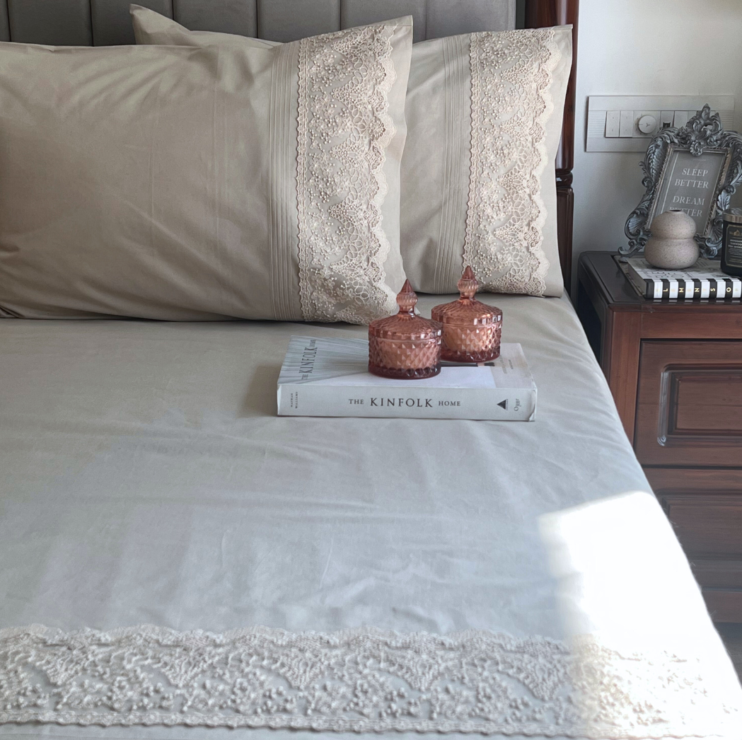 Chantilly Beige Embroidered Lace Bedsheet Set