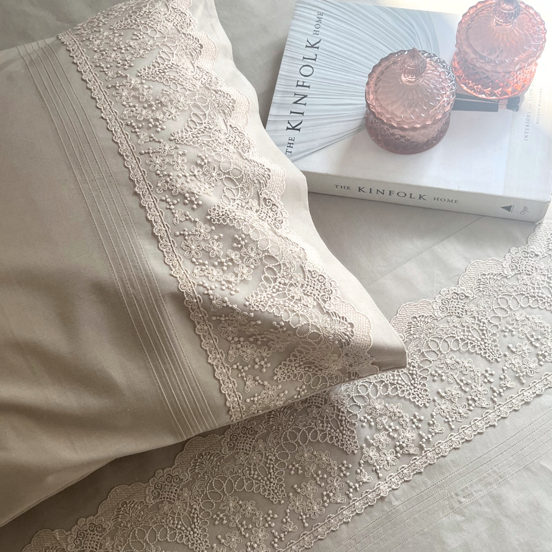 Chantilly Beige Embroidered Lace Bedsheet Set
